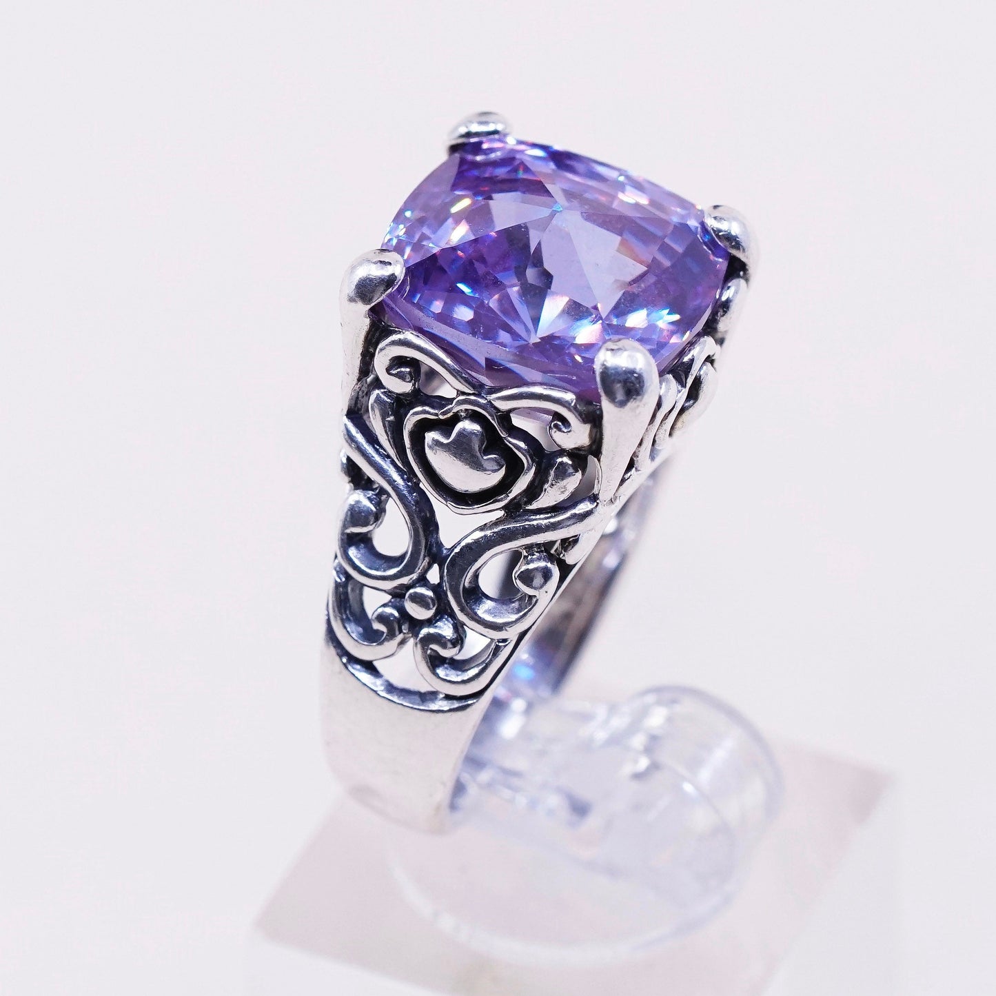 sz 6.5, vtg sterling 925 silver handmade cocktail ring w/ amethyst N filigree