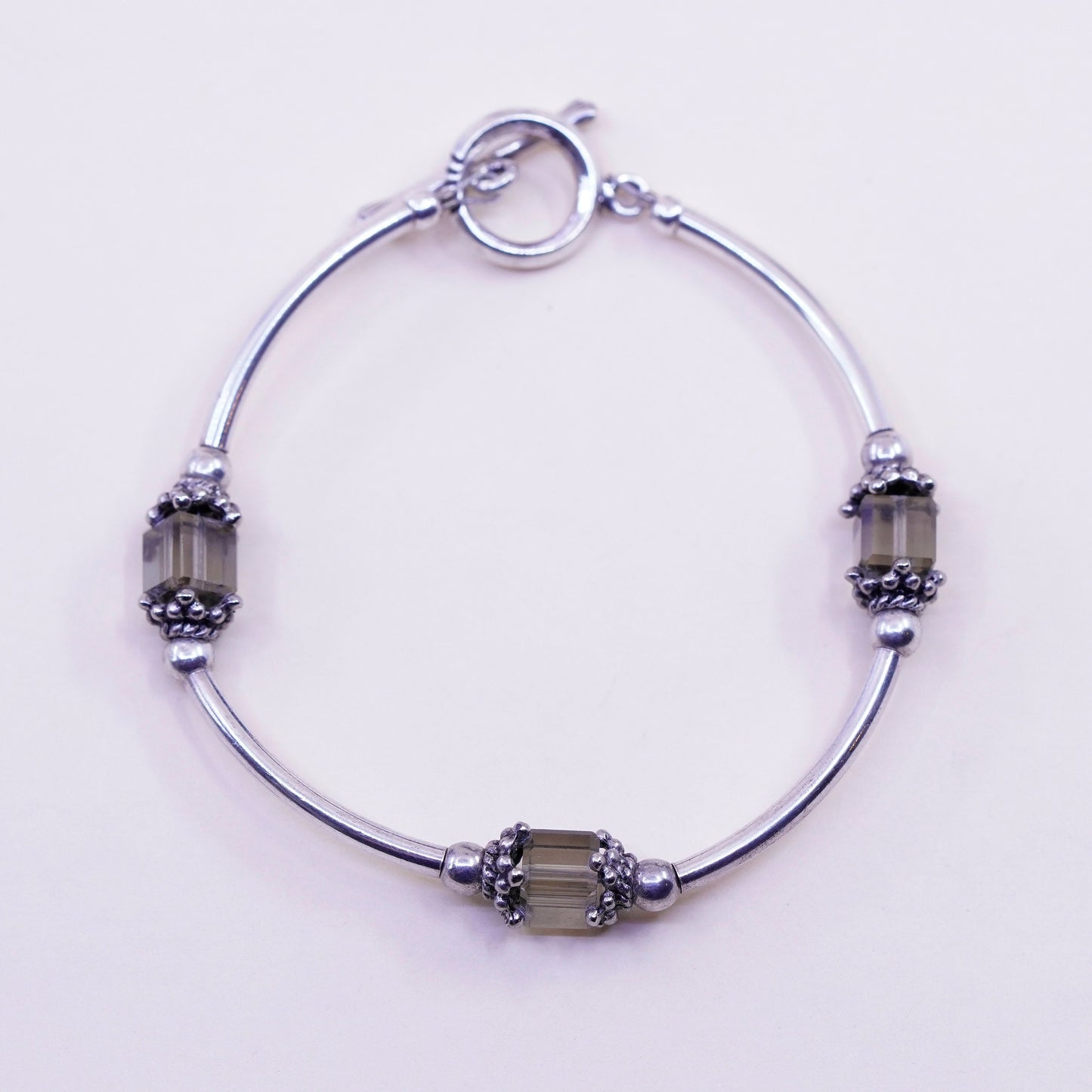6.5”, vintage Sterling silver handmade bracelet, 925 bar smoky crystal beads
