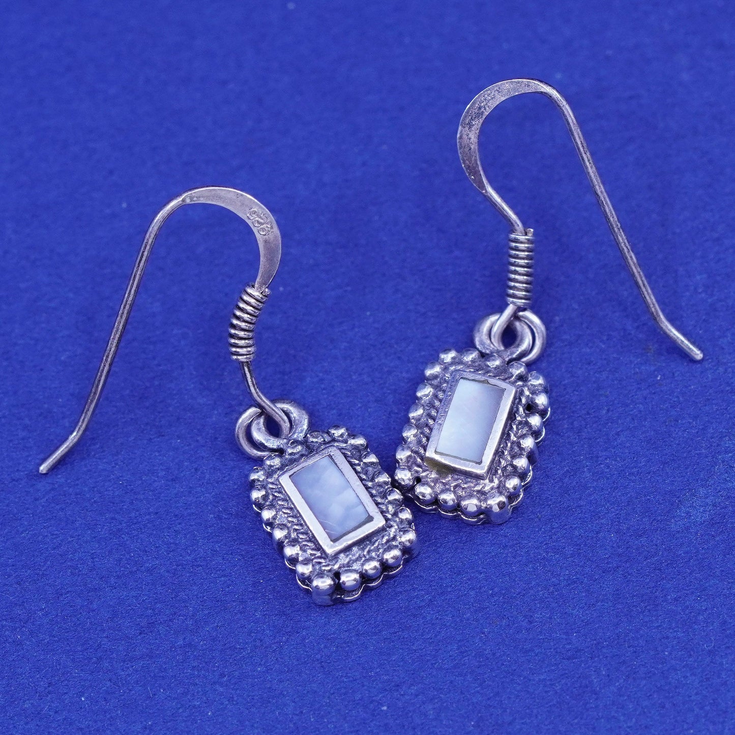 Vintage sterling 925 silver handmade earrings with mother of pearl and beads
