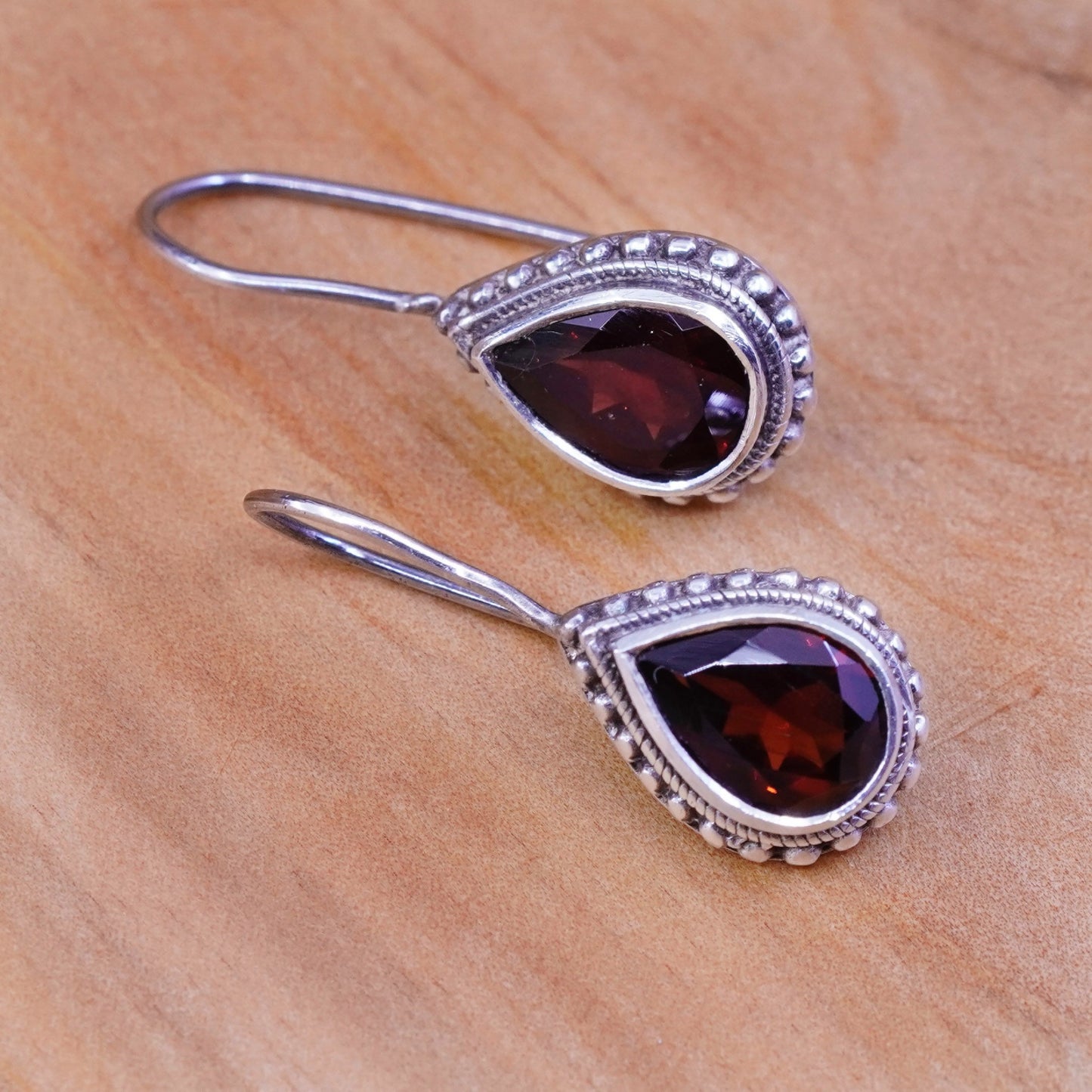 Vintage Sterling 925 silver handmade earrings with teardrop ruby and beads