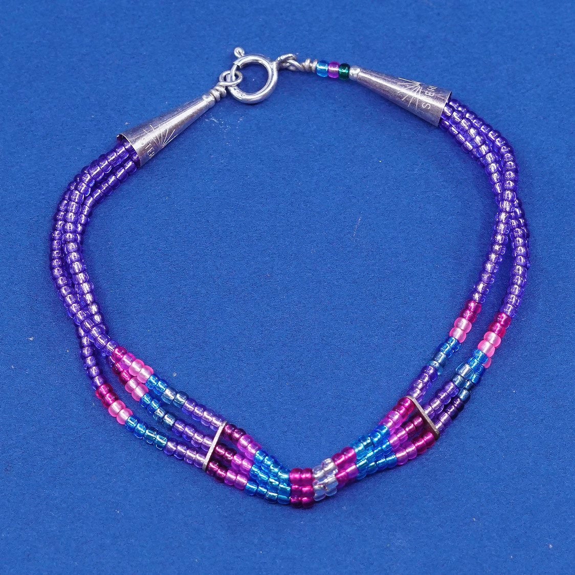 6.75”, Southwestern sterling 925 silver handmade bracelet w/ pink crystal beads