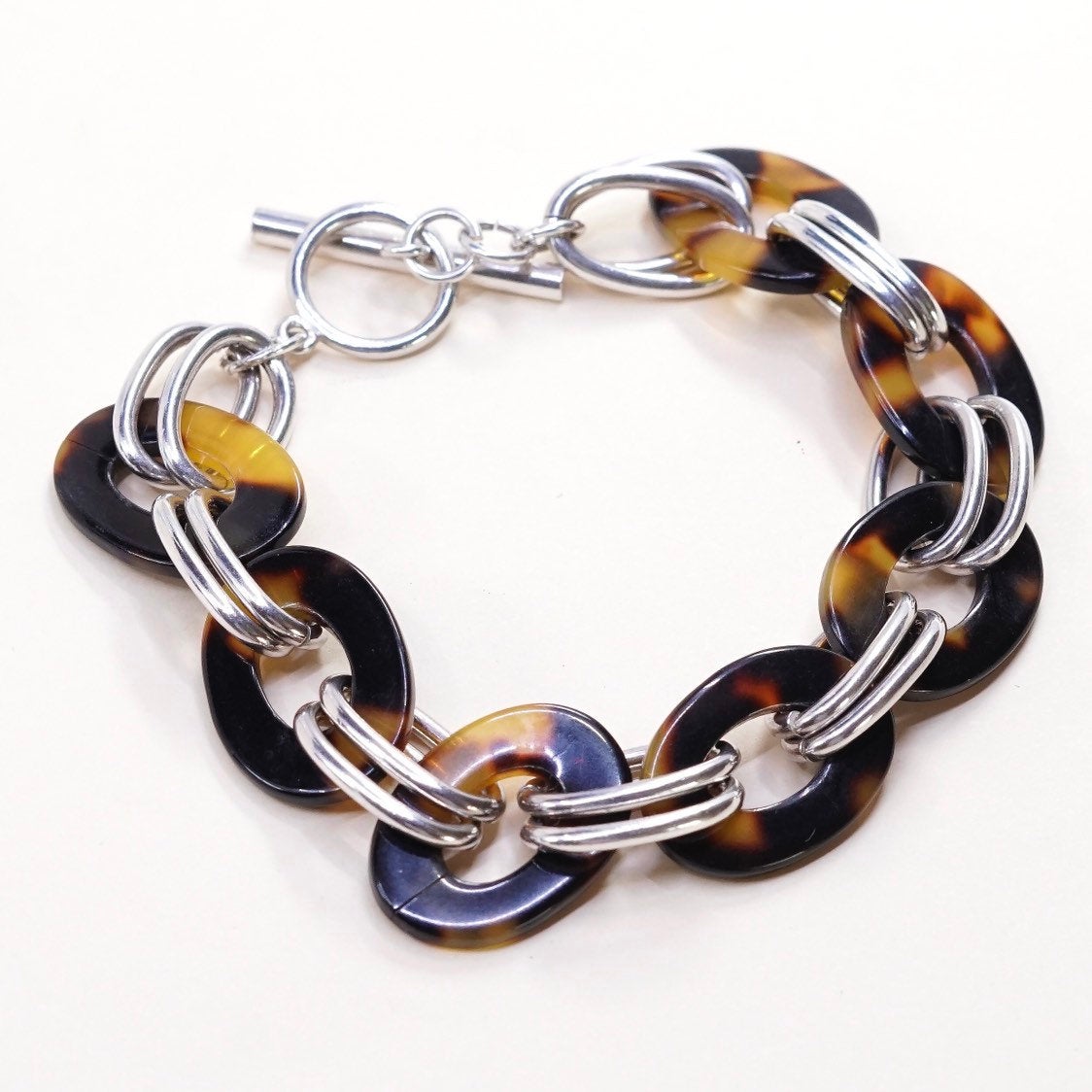 7", VTG sterling silver circle bracelet, charm bracelet 925 double circle chain