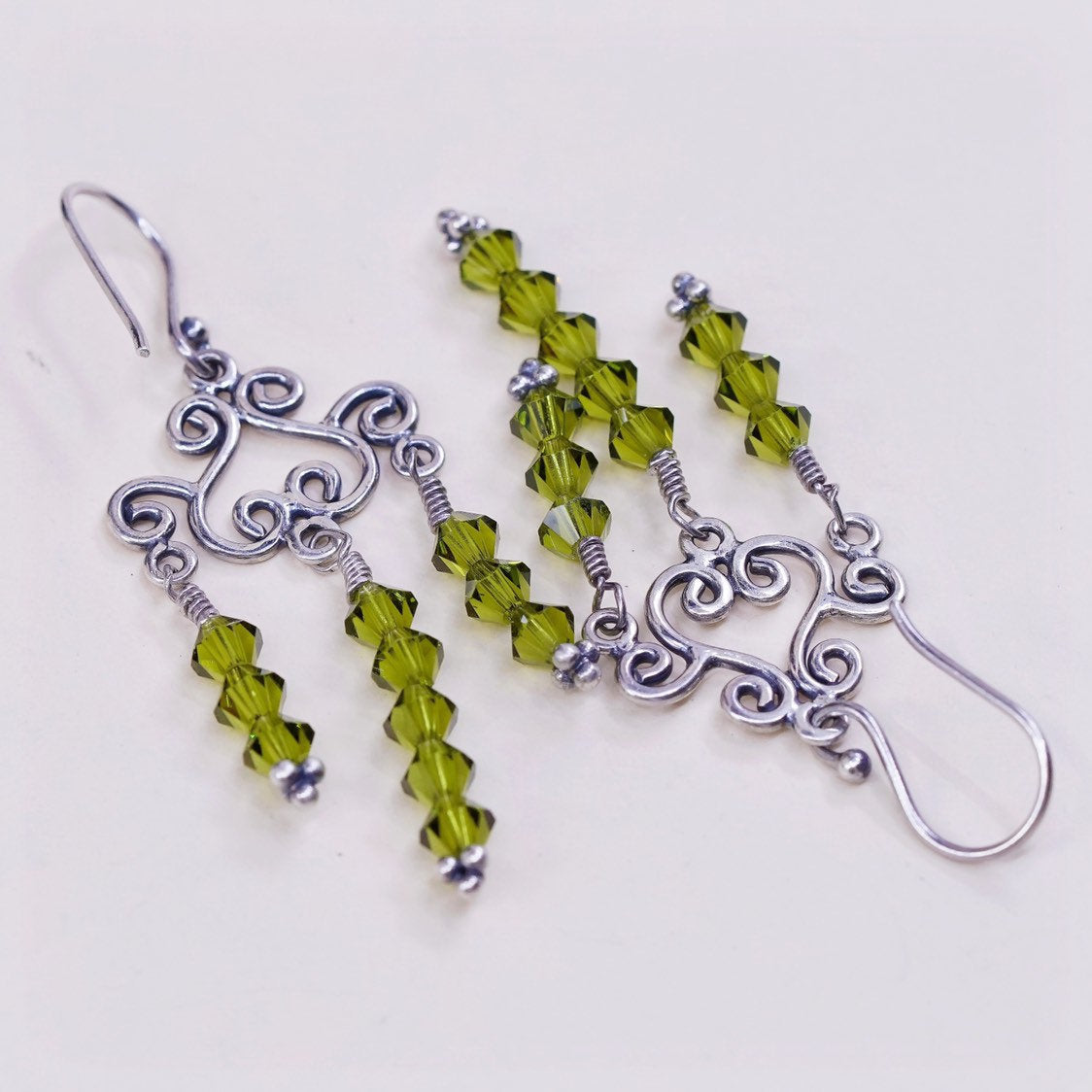 sterling silver handmade earrings 925 w/ green cluster Swarovski crystal fringe