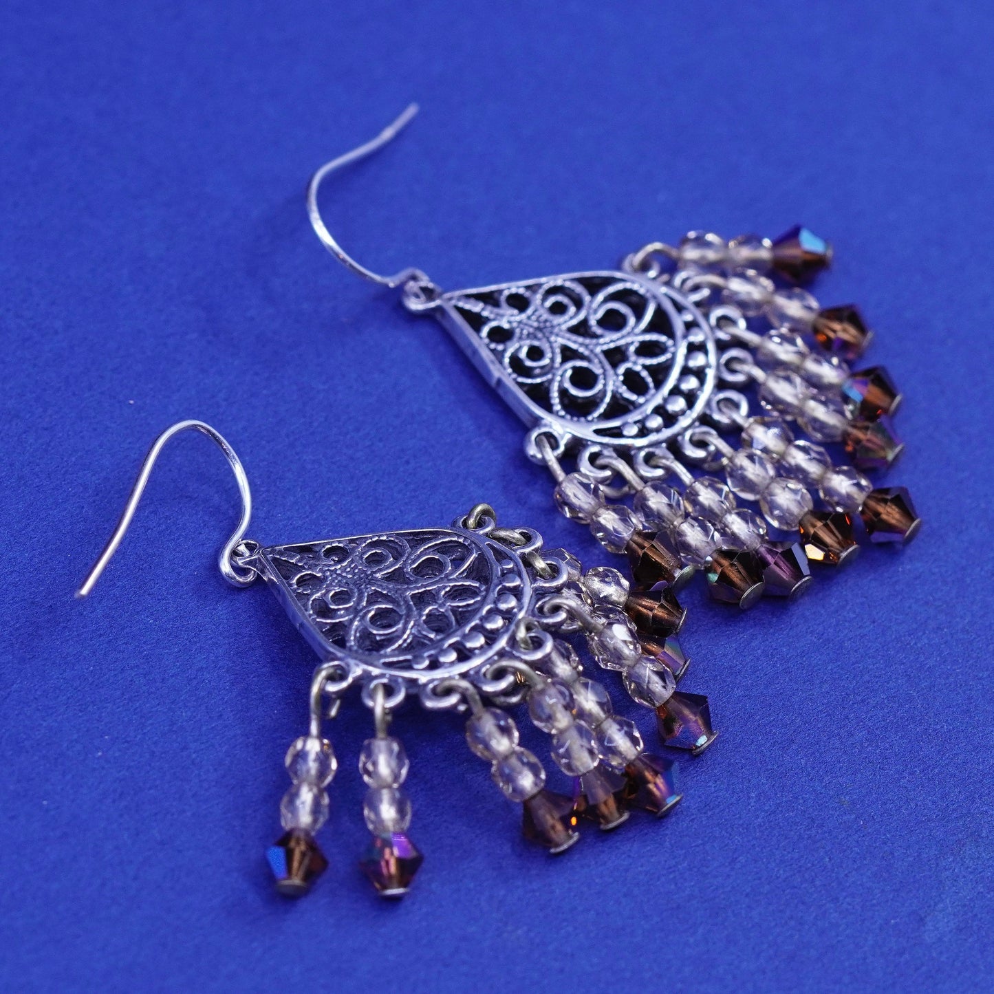 Sterling silver handmade earrings, 925 filigree teardrop disk cluster crystal