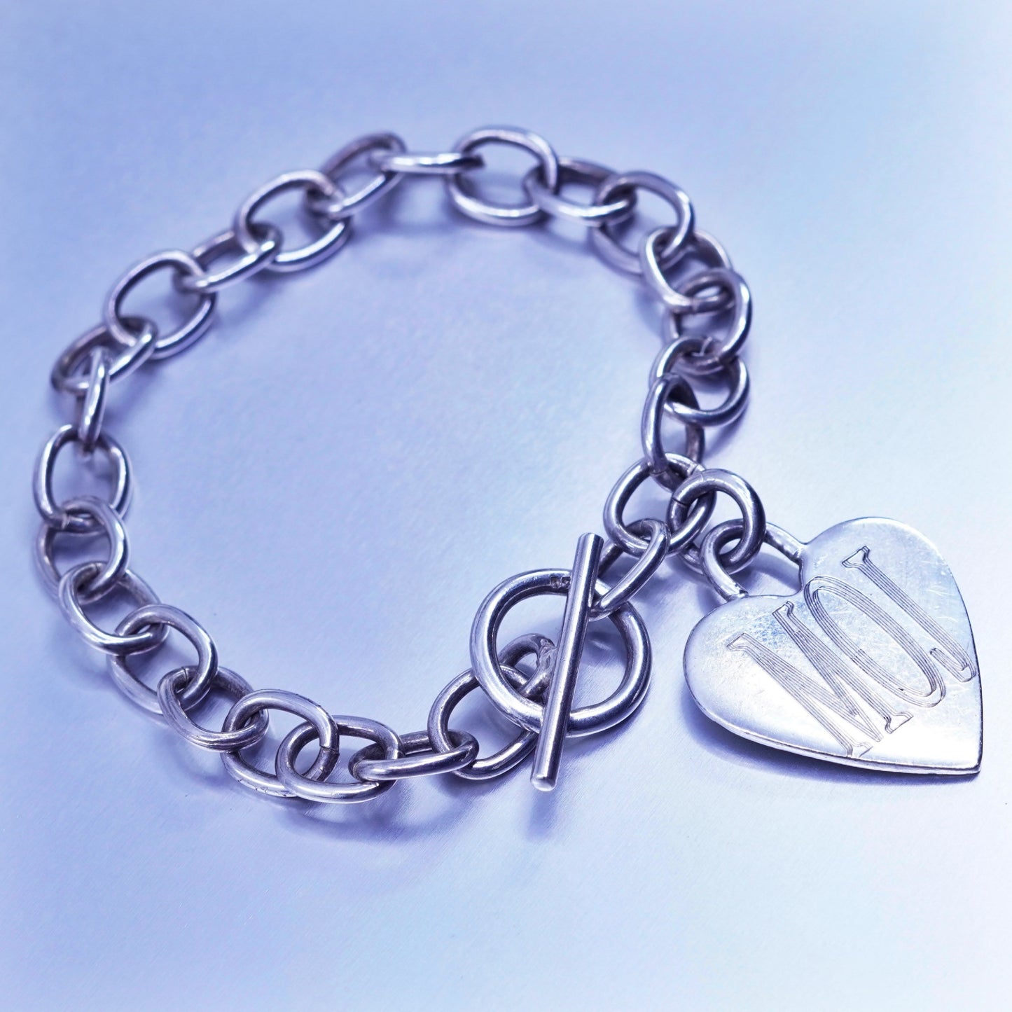 6.25”, vintage Sterling silver bracelet, 925 bold circle chain monogram “MOJ”