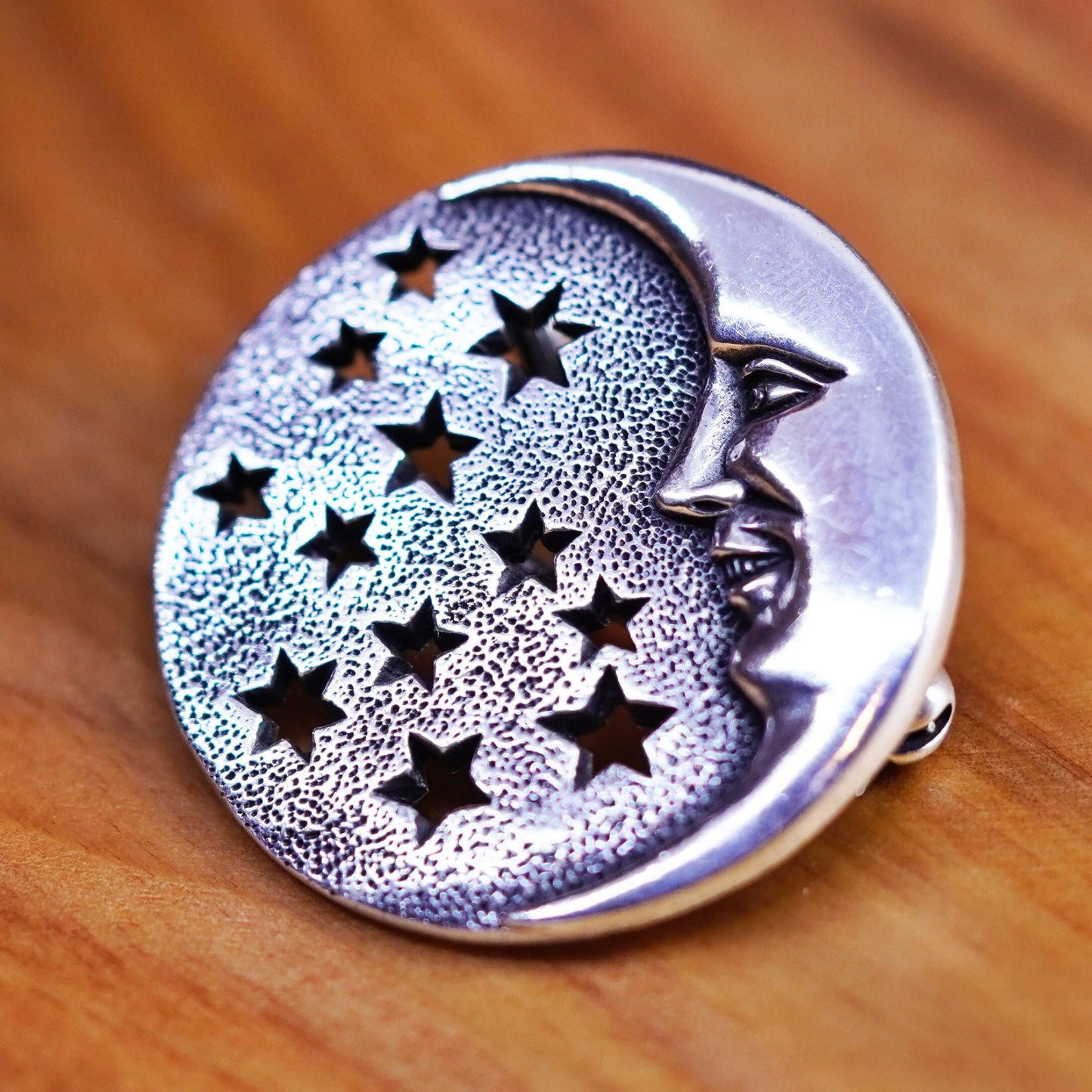 Vintage handmade sterling 925 silver moon face brooch with stars