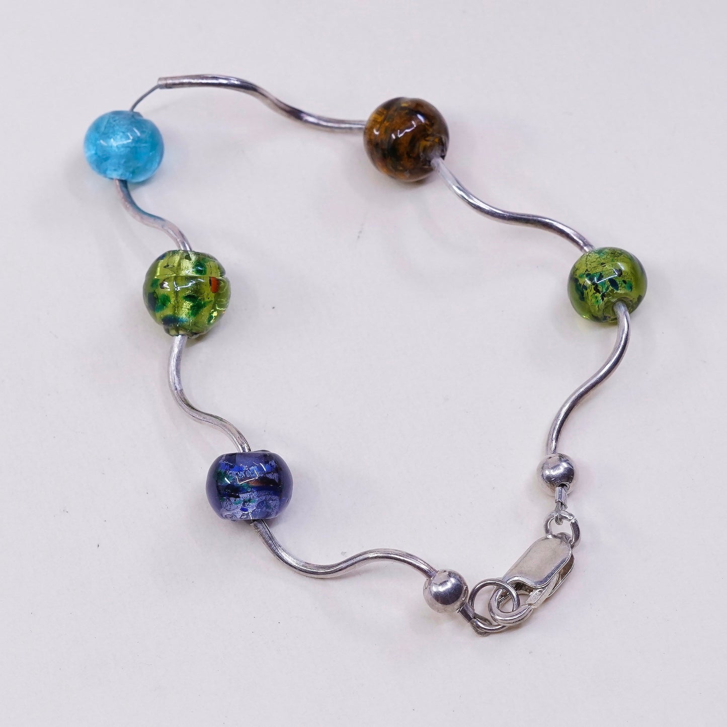 7”, 925 Sterling silver handmade bar and beads bracelet w/ artisan foiled glass
