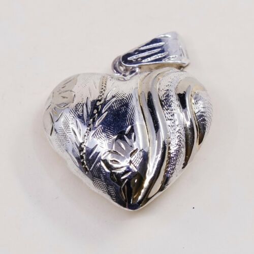 Vintage sterling silver handmade pendant, fine 925 silver Puffy heart charm