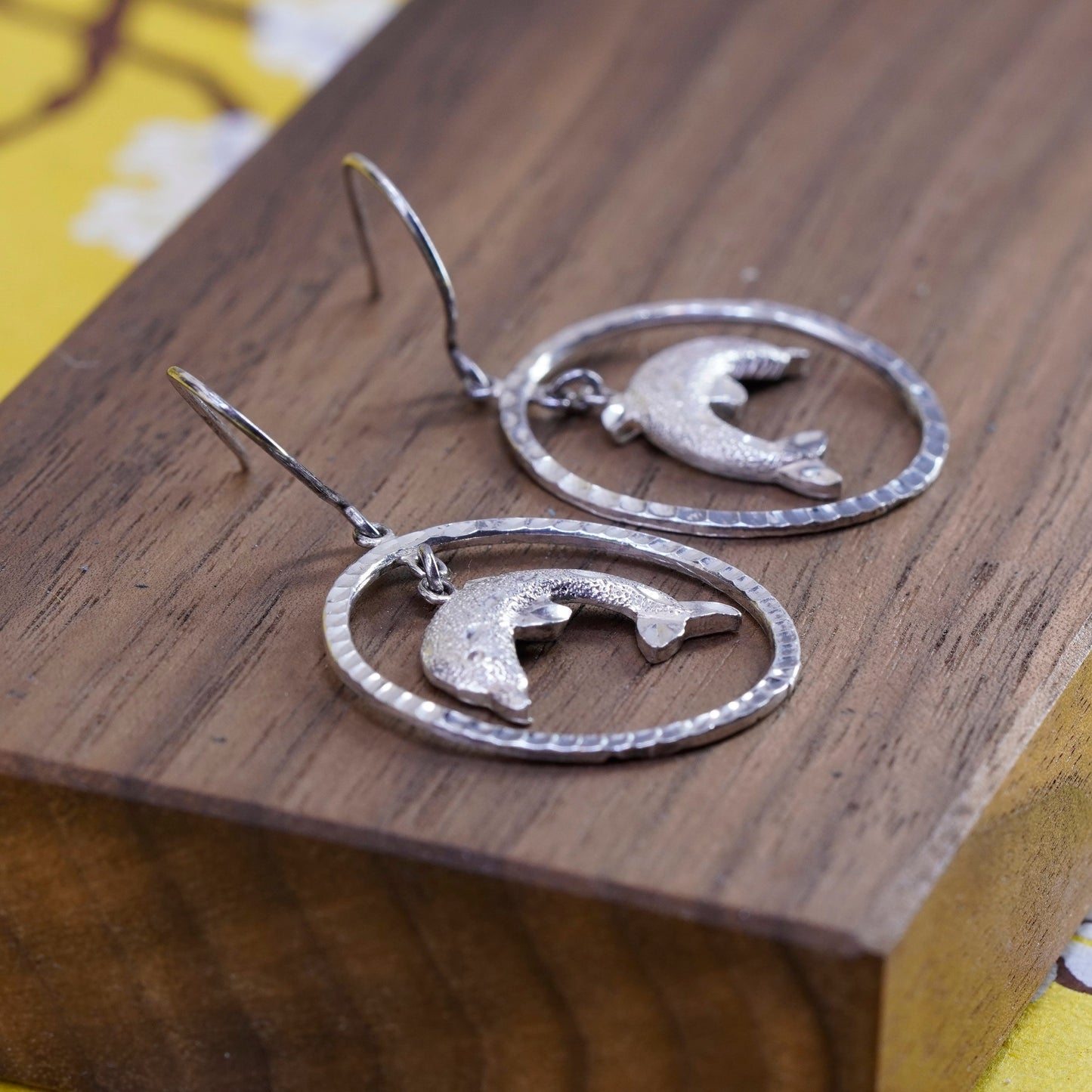 Vintage Sterling silver handmade earrings, 925 circle with dolphin dangle
