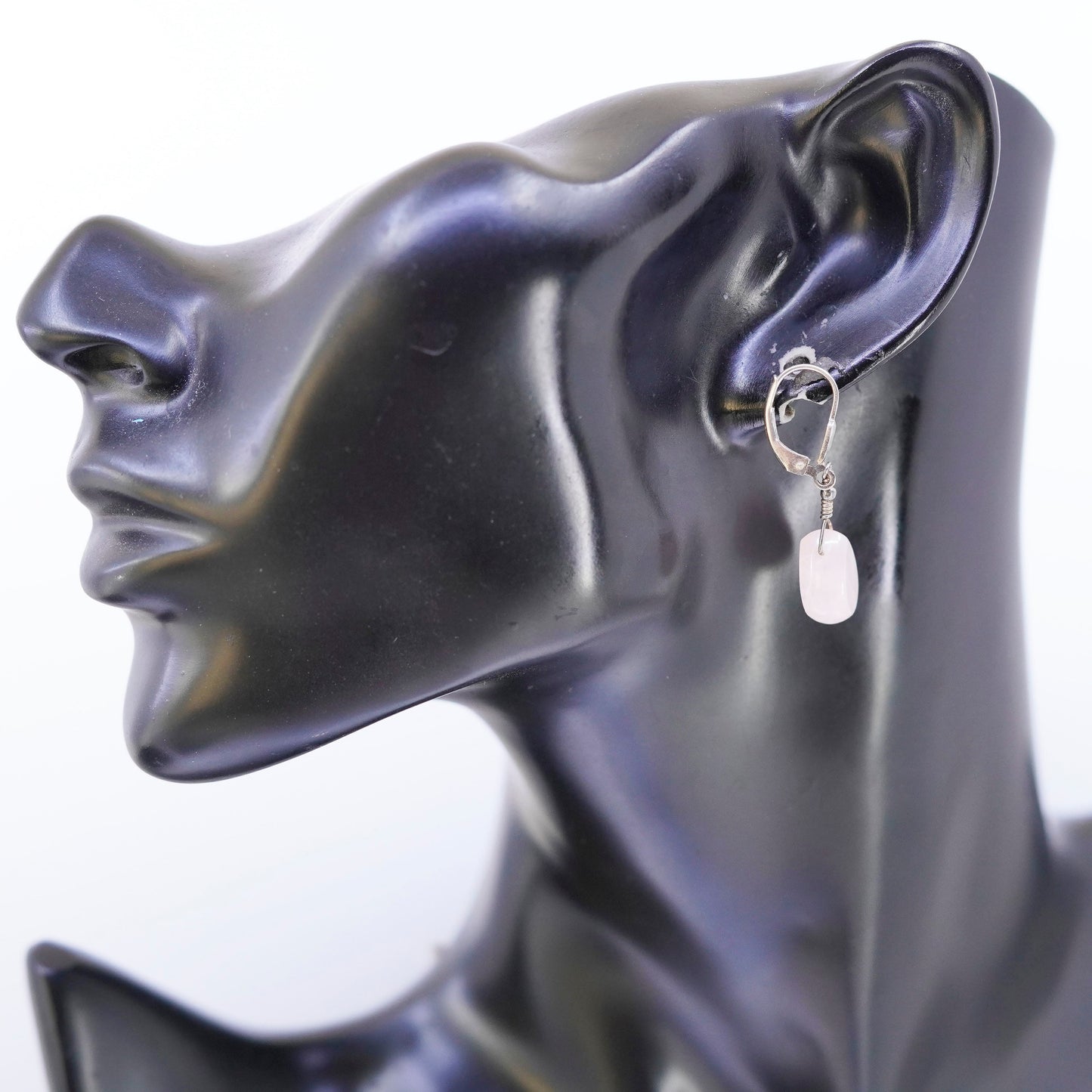 Vintage Sterling 925 silver handmade earrings with teardrop pink rose quartz