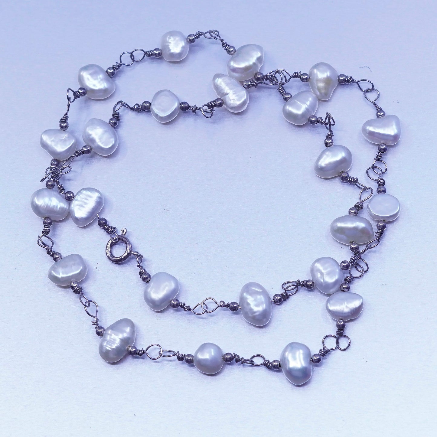 17”, Native American Sterling 925 silver handmade necklace with pearl beads