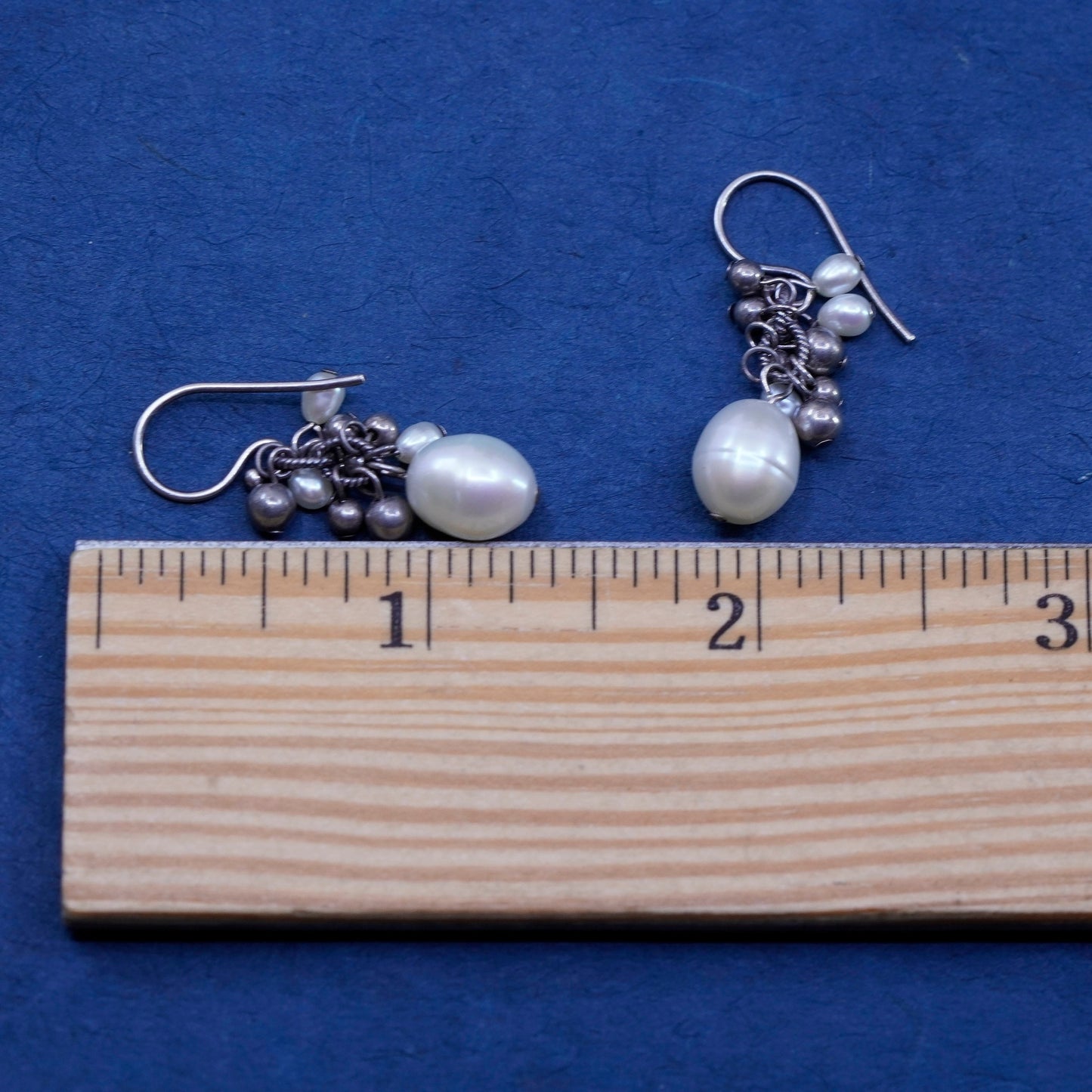 Rare 925 Sterling 925 Silver handmade pearl bead dangly cluster earrings W1352