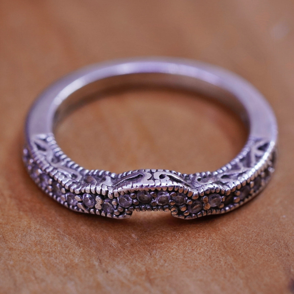 Size 6, vintage Sterling 925 silver wedding band ring with clear crystal
