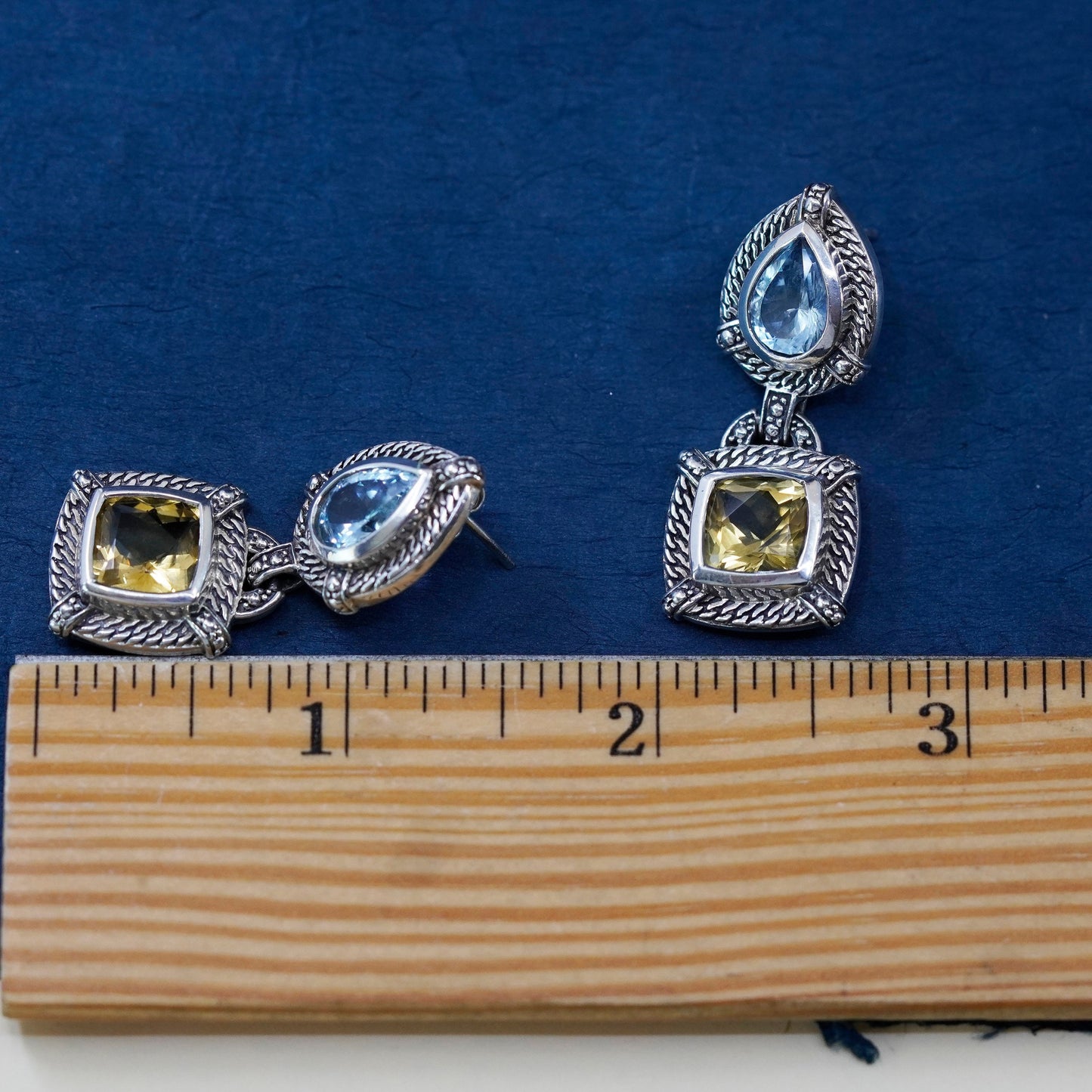 Vintage Sterling 925 silver handmade earrings with citrine and topaz and cable