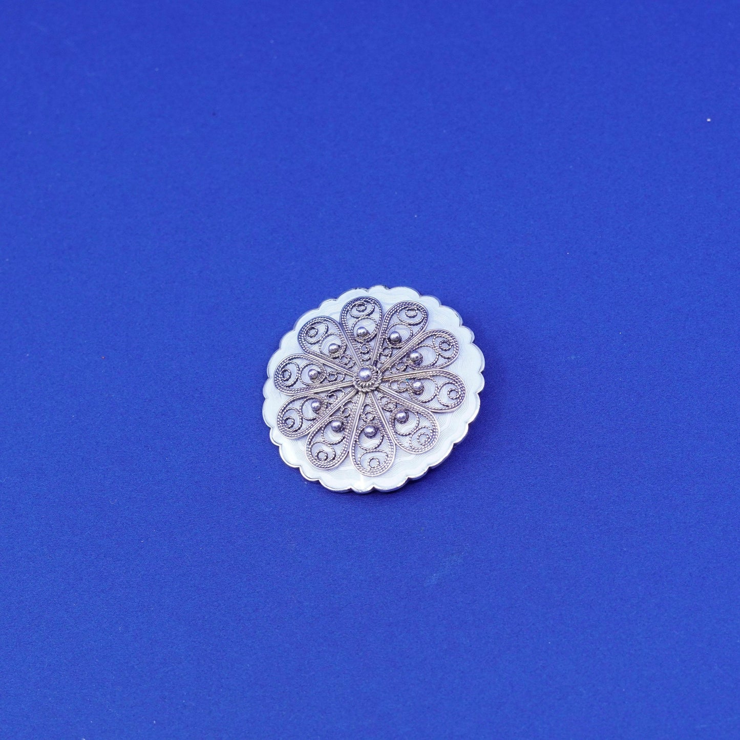 Norway sterling silver round handmade brooch, 925 filigree snowflake enamel pin