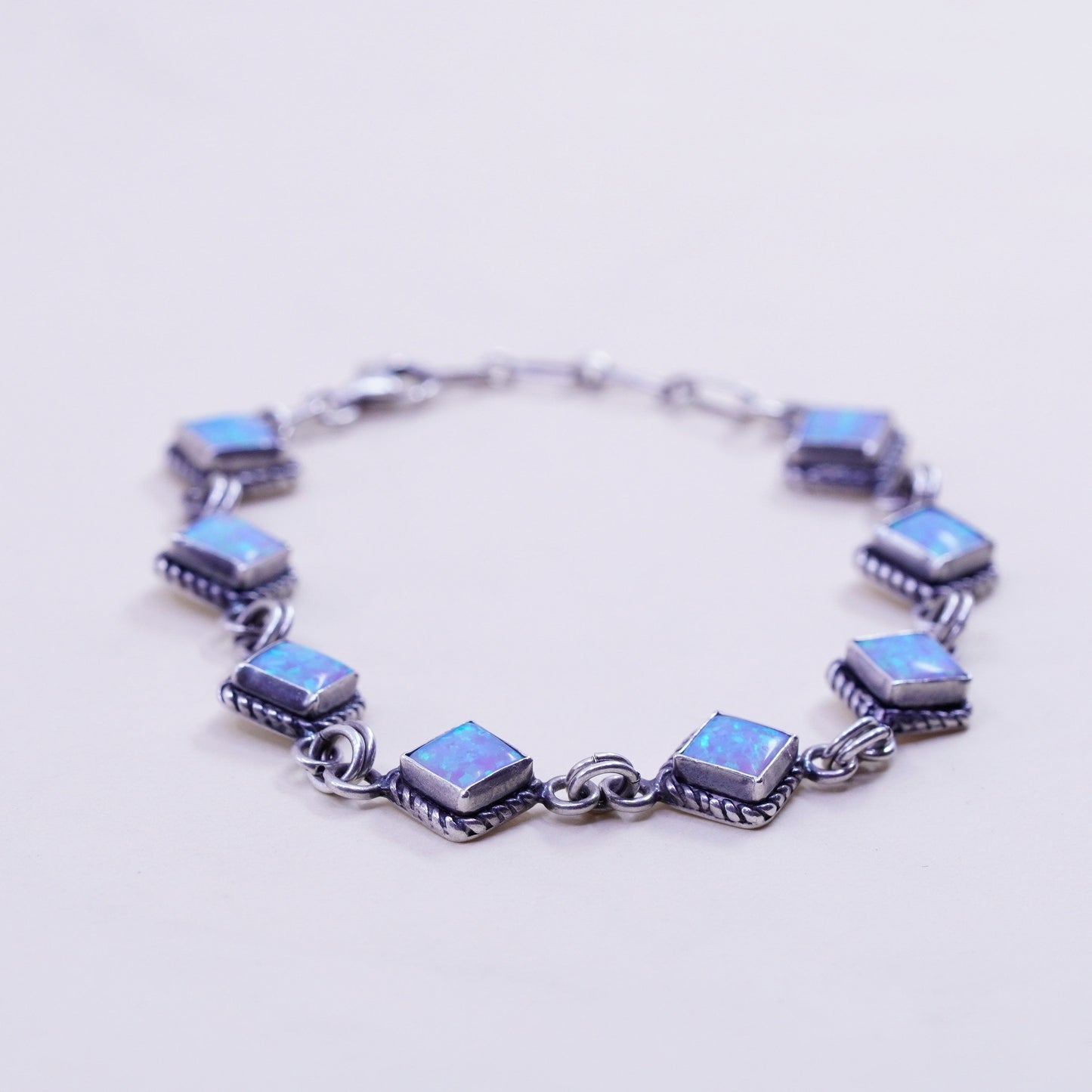 6.5+1”, vintage Sterling 925 silver tennis bracelet with opal and cable