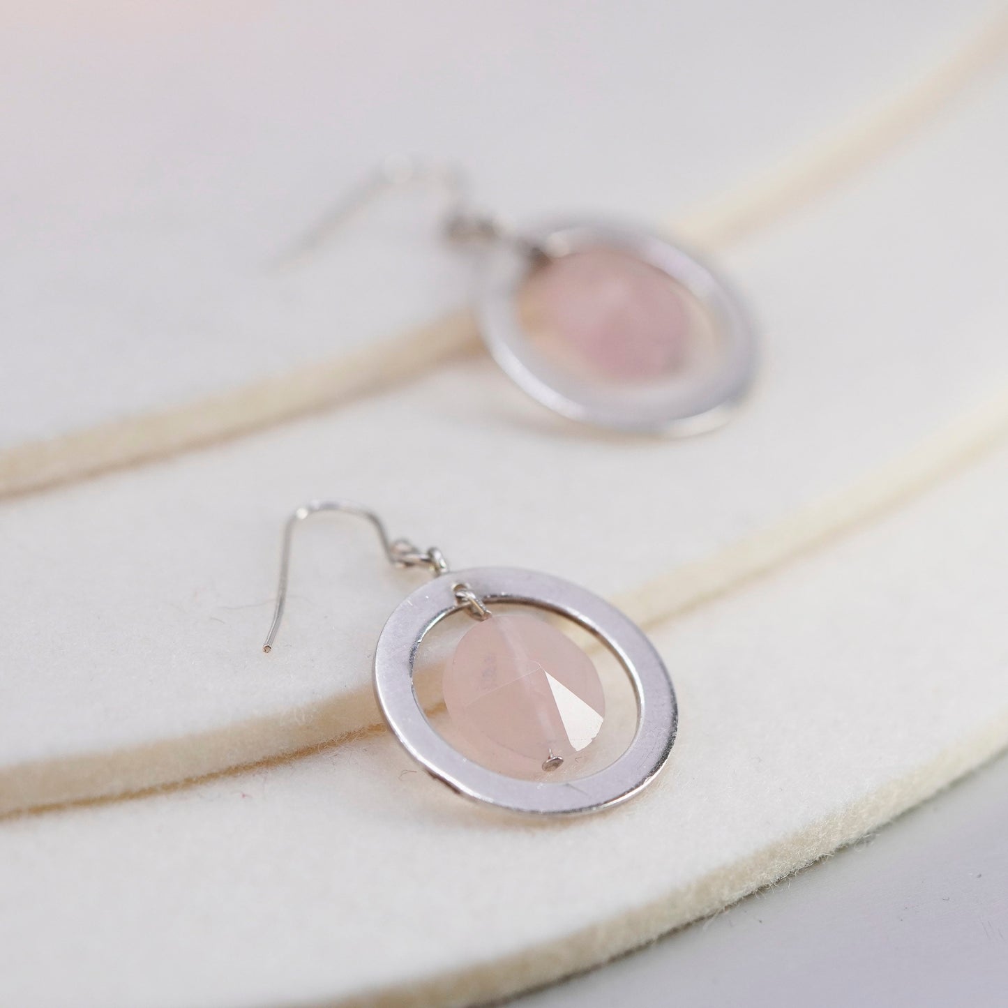 Vintage Sterling 925 silver handmade round earrings with pink rose quartz