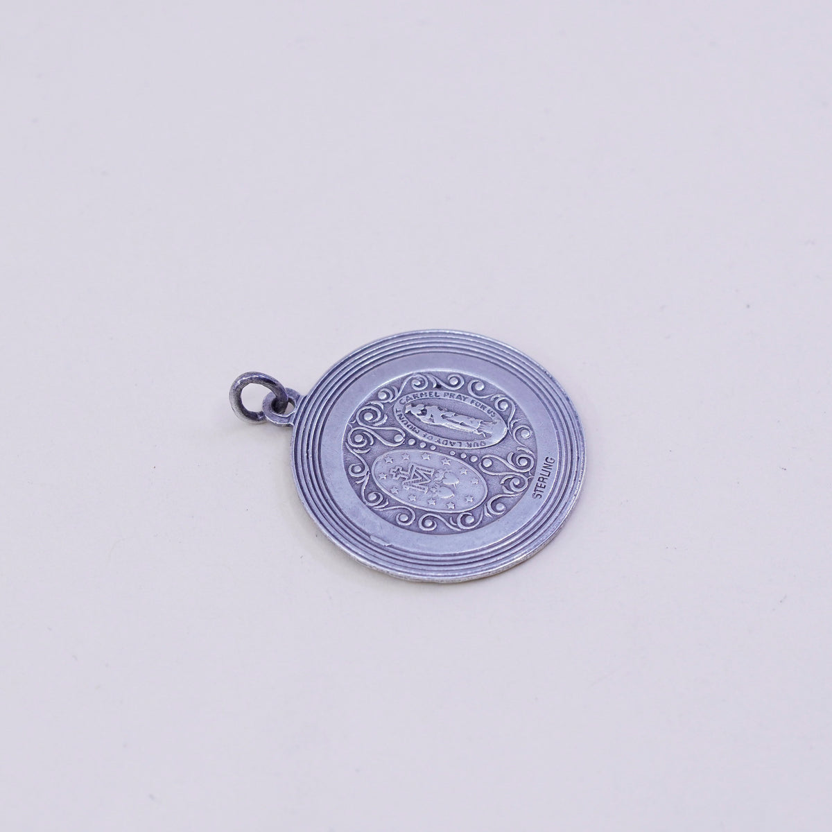 chapel sterling silver pendant, 925 circle charm embossed Jesus and virgin Mary