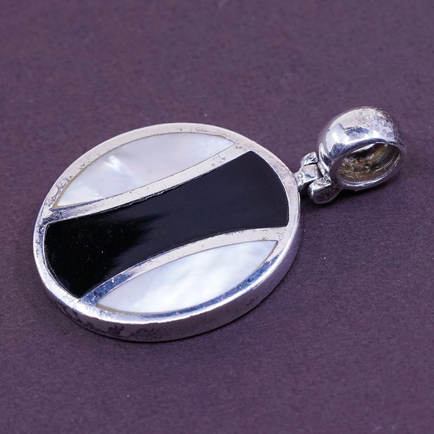 vtg Sterling 925 silver pendant with obsidian and mother of pearl