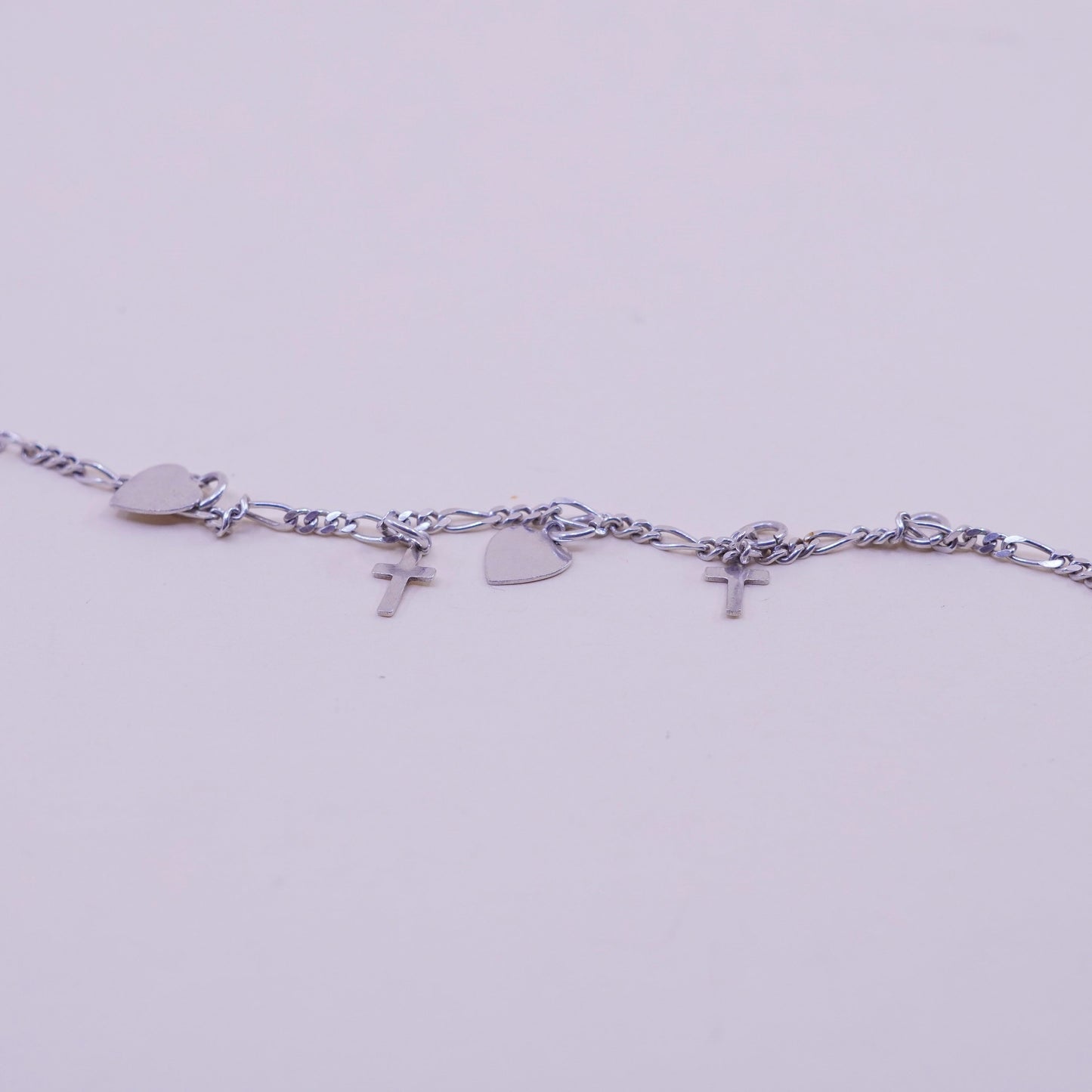 7”, Vintage sterling silver heart bracelet, 925 figaro chain heart cross charms