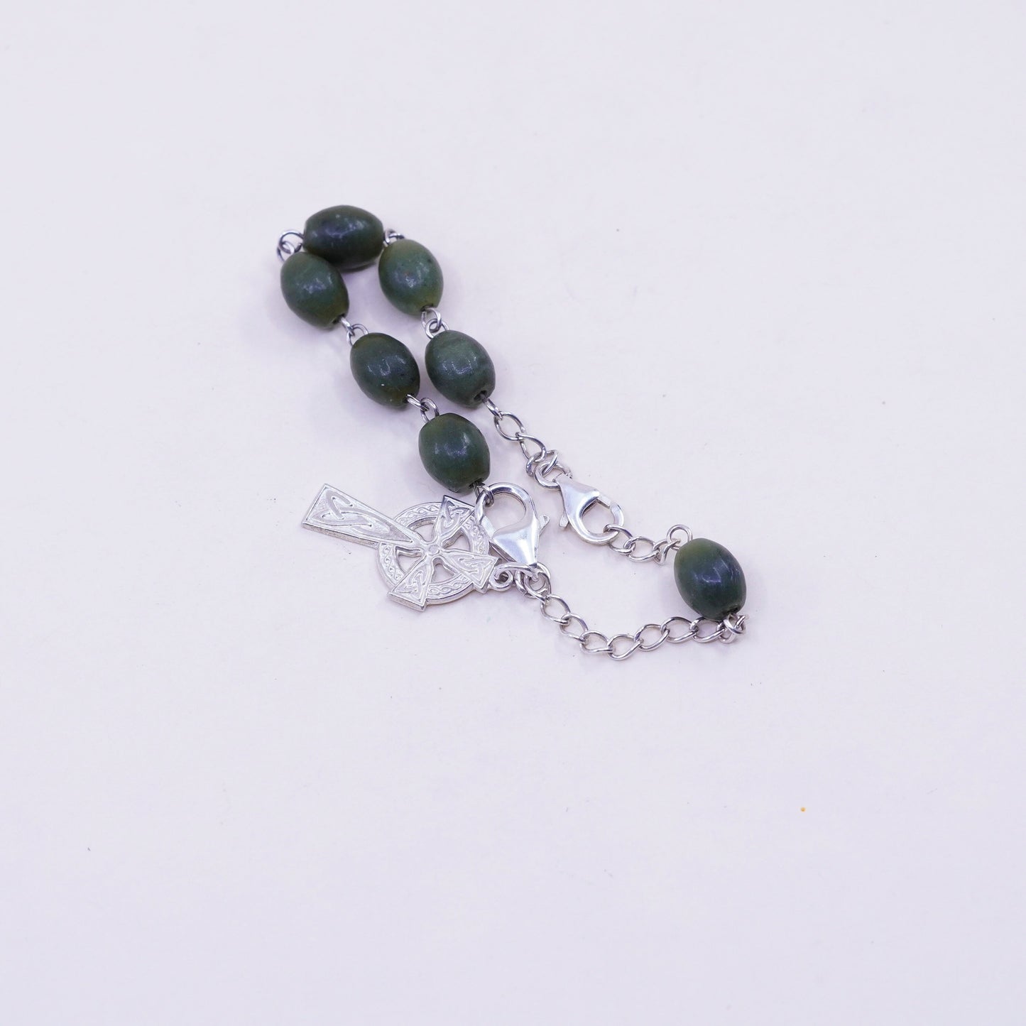 6.25”, vtg sterling silver snake bracelet, 925 chain jade Irish cross charms