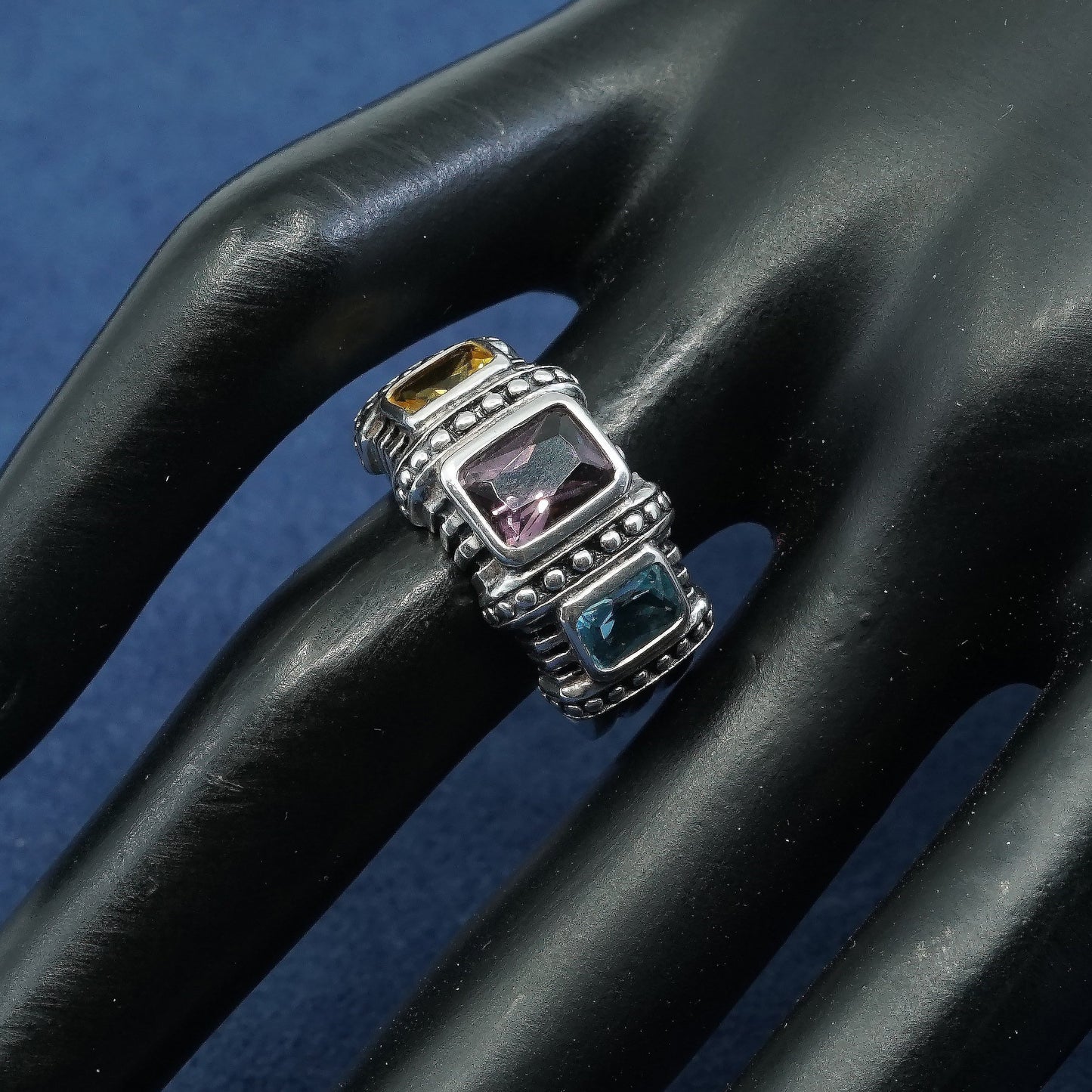 Size 7.5, vtg Sterling silver handmade ring, 925 w/ amethyst sapphire n citrine
