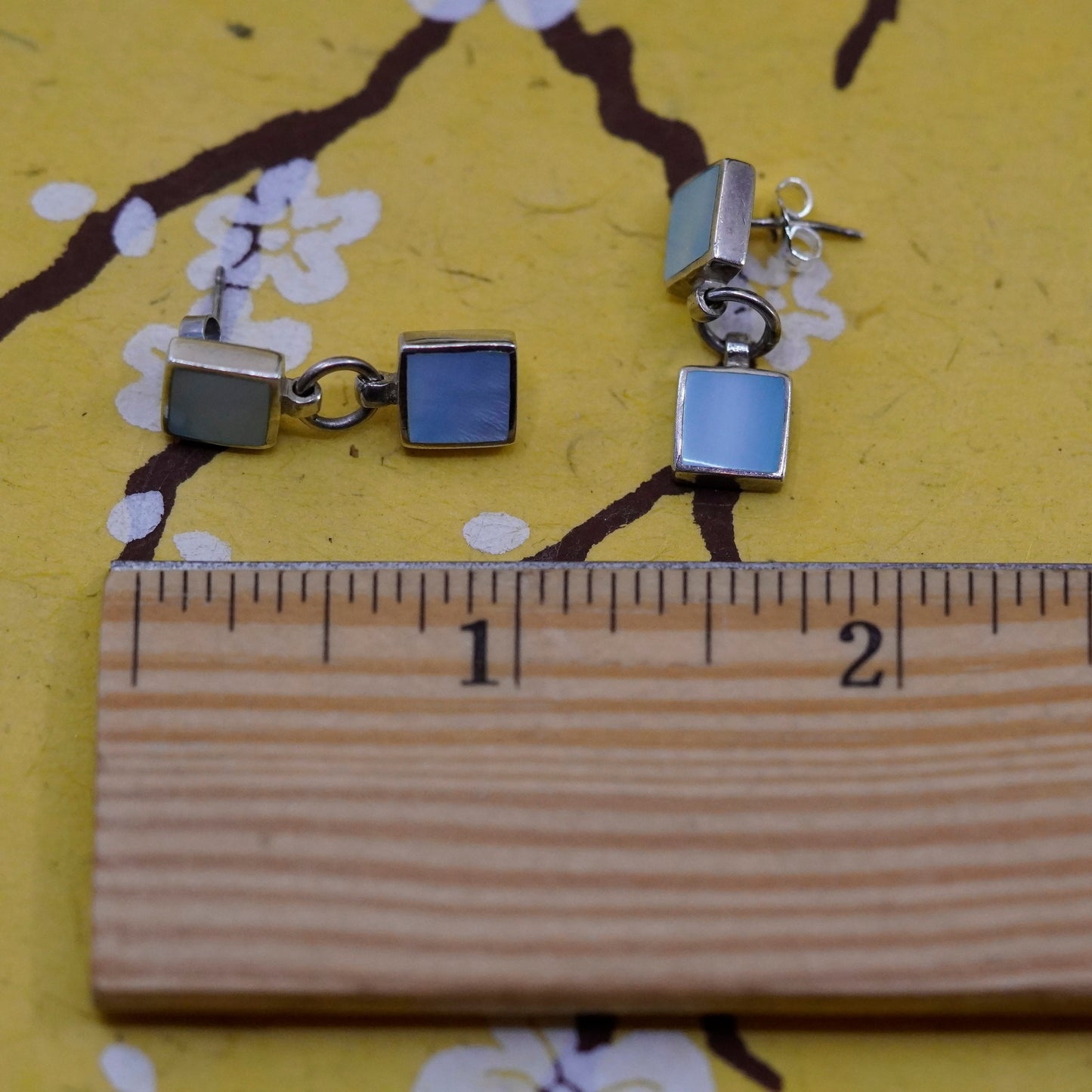 Vintage Sterling silver handmade earrings, 925 square with blue mother of pearl
