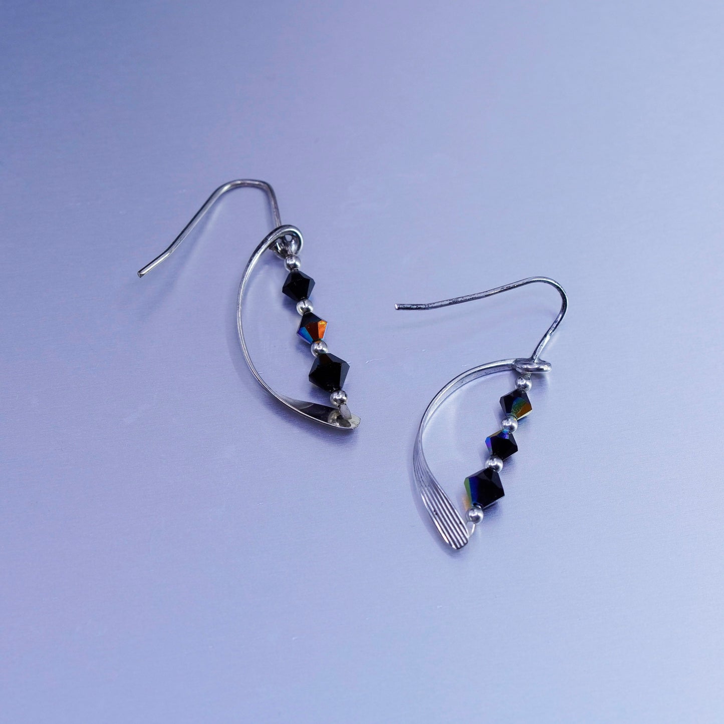 Vintage Sterling 925 silver handmade wavy earrings with crystal