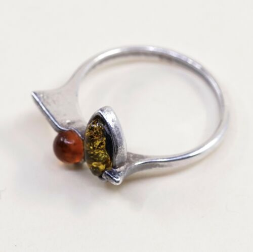 Sz 7.25, Orangle Amber Cabochon Sterling Silver Solitaire Ring, Stamped 925