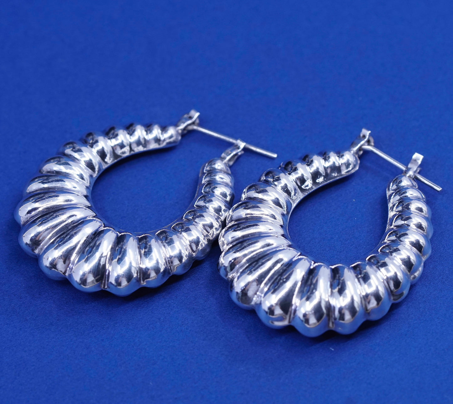 1.75”, vtg Sterling silver handmade earrings, 925 ribbed hoops Huggie