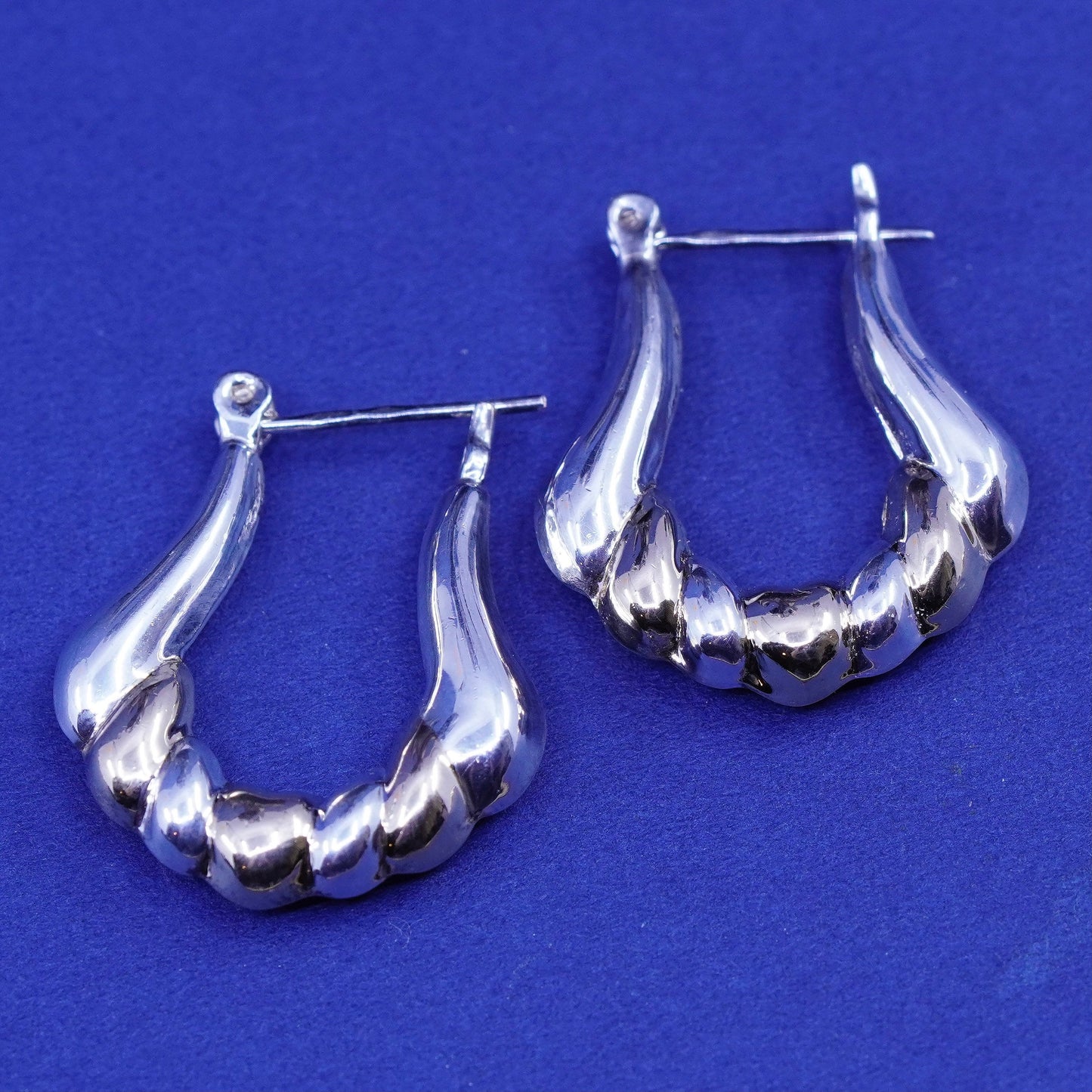 1”, two tone Sterling silver handmade earrings, 925 hoops Huggie ribbed texture