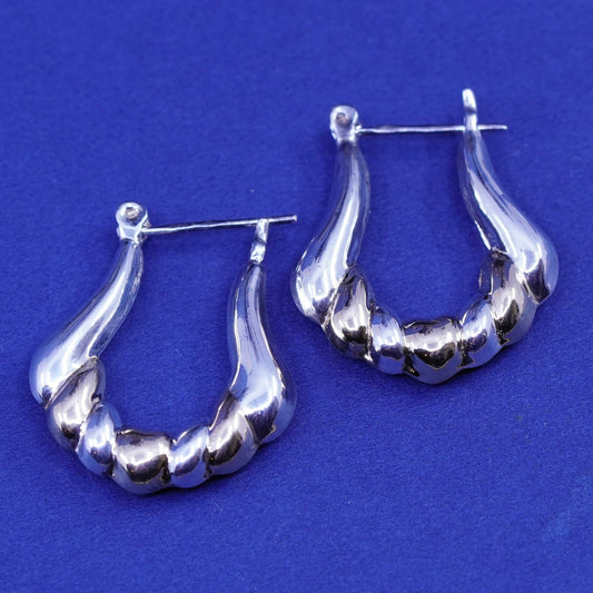 1”, two tone Sterling silver handmade earrings, 925 hoops Huggie ribbed texture