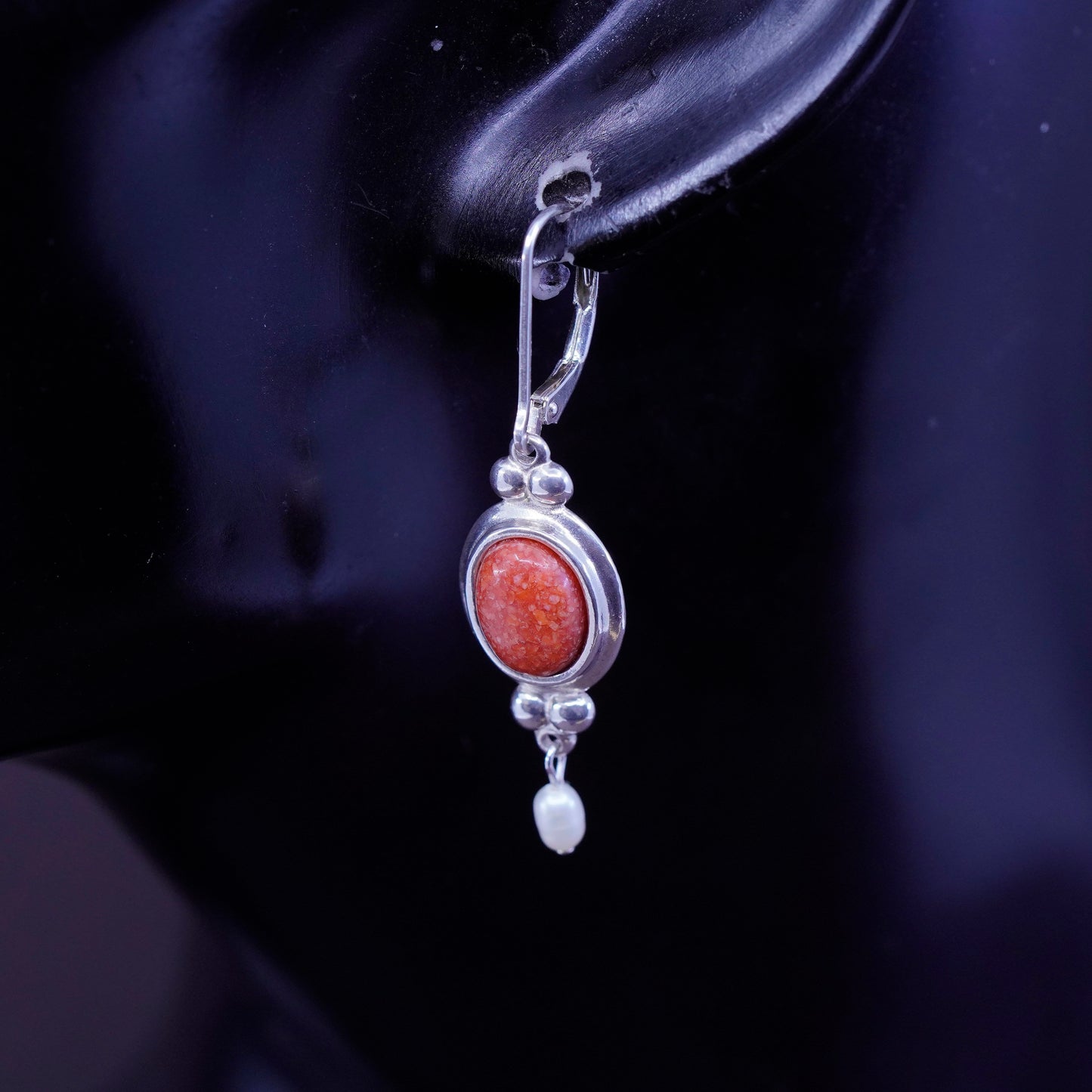 southwestern CCO Sterling 925 silver handmade earrings w/ oval coral and pearl