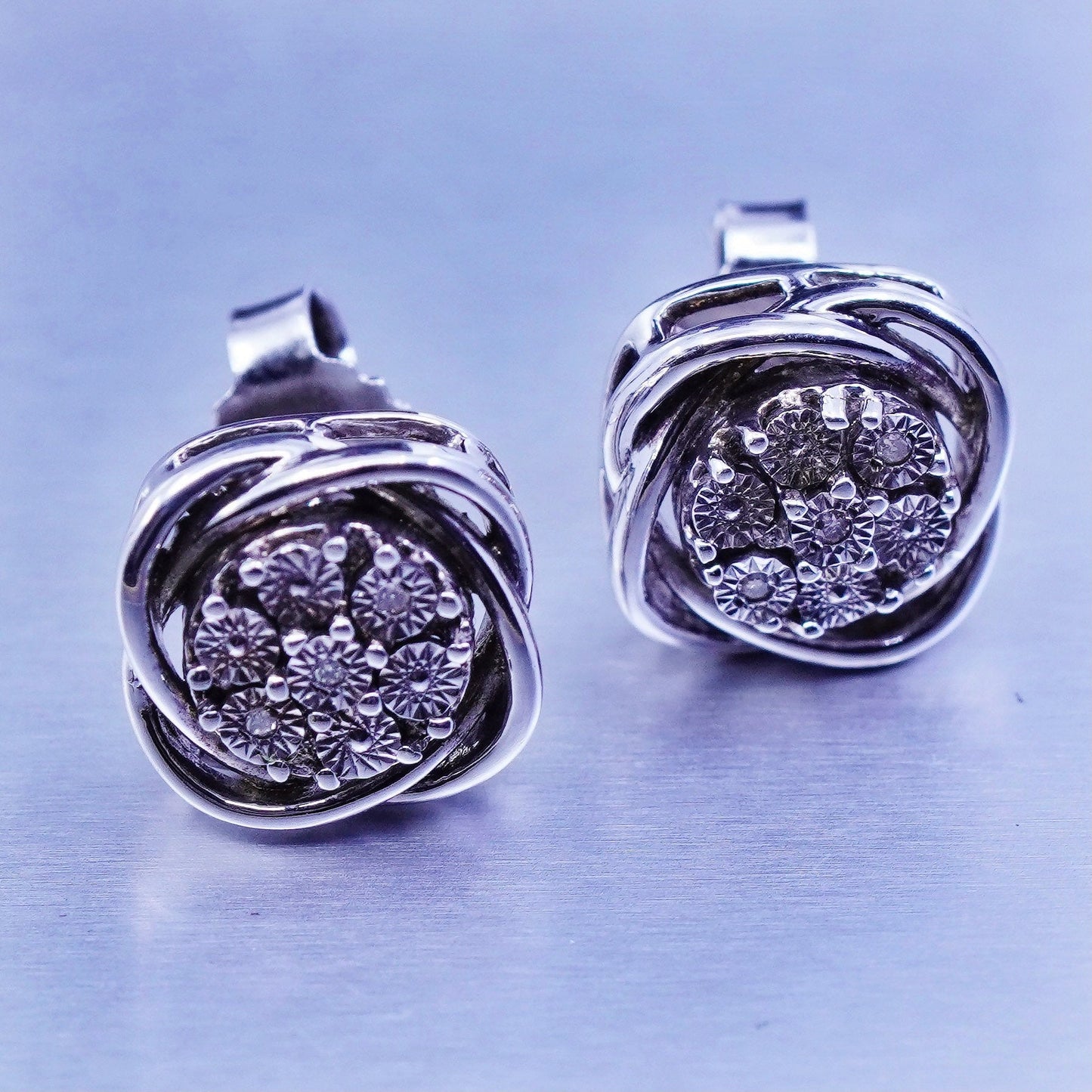 Vintage Sterling 925 silver earrings, entwined studs with diamond inlay