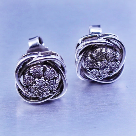 Vintage Sterling 925 silver earrings, entwined studs with diamond inlay