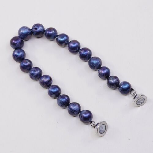 6.75”, Vtg Silver Tone Handmade bracelet W/ Black Pearl N Metallic Closure