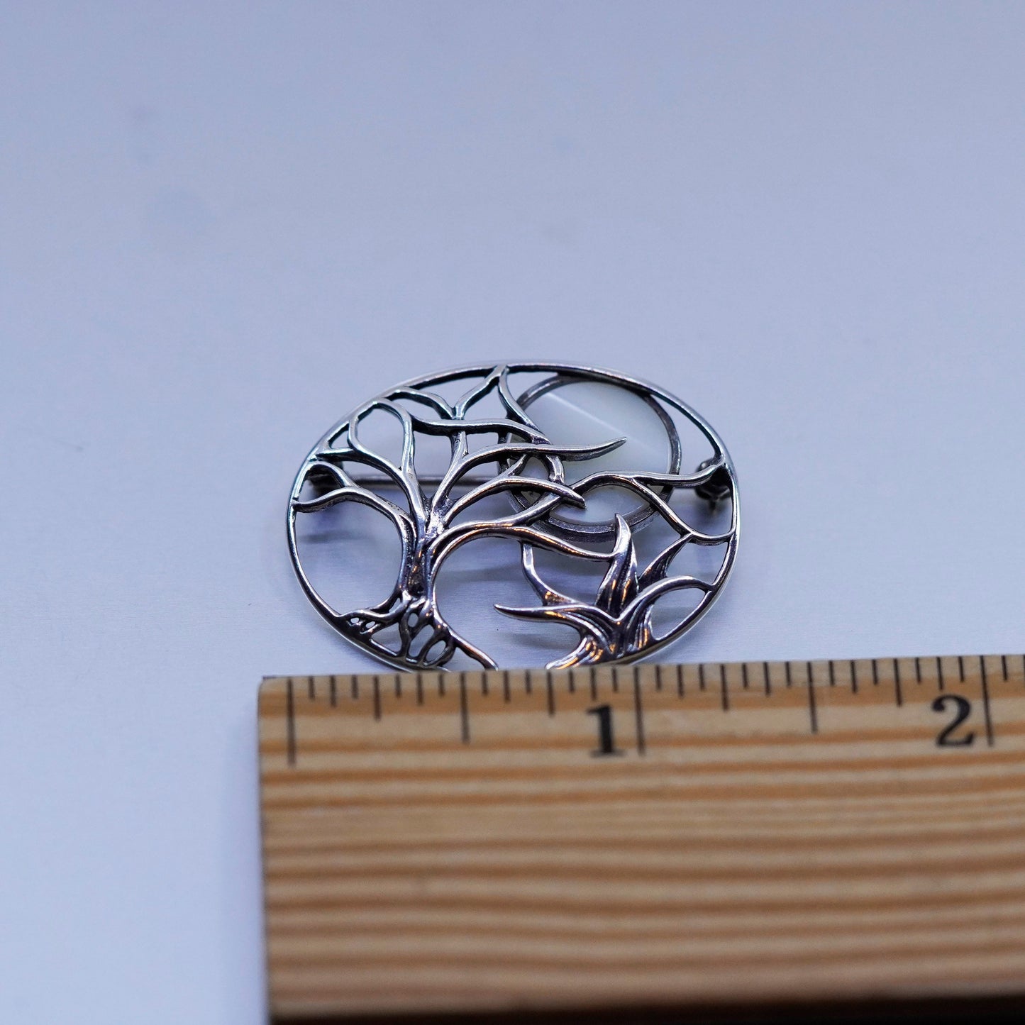 Vintage sterling silver handmade brooch, 925 tree pin with white cats eye moon