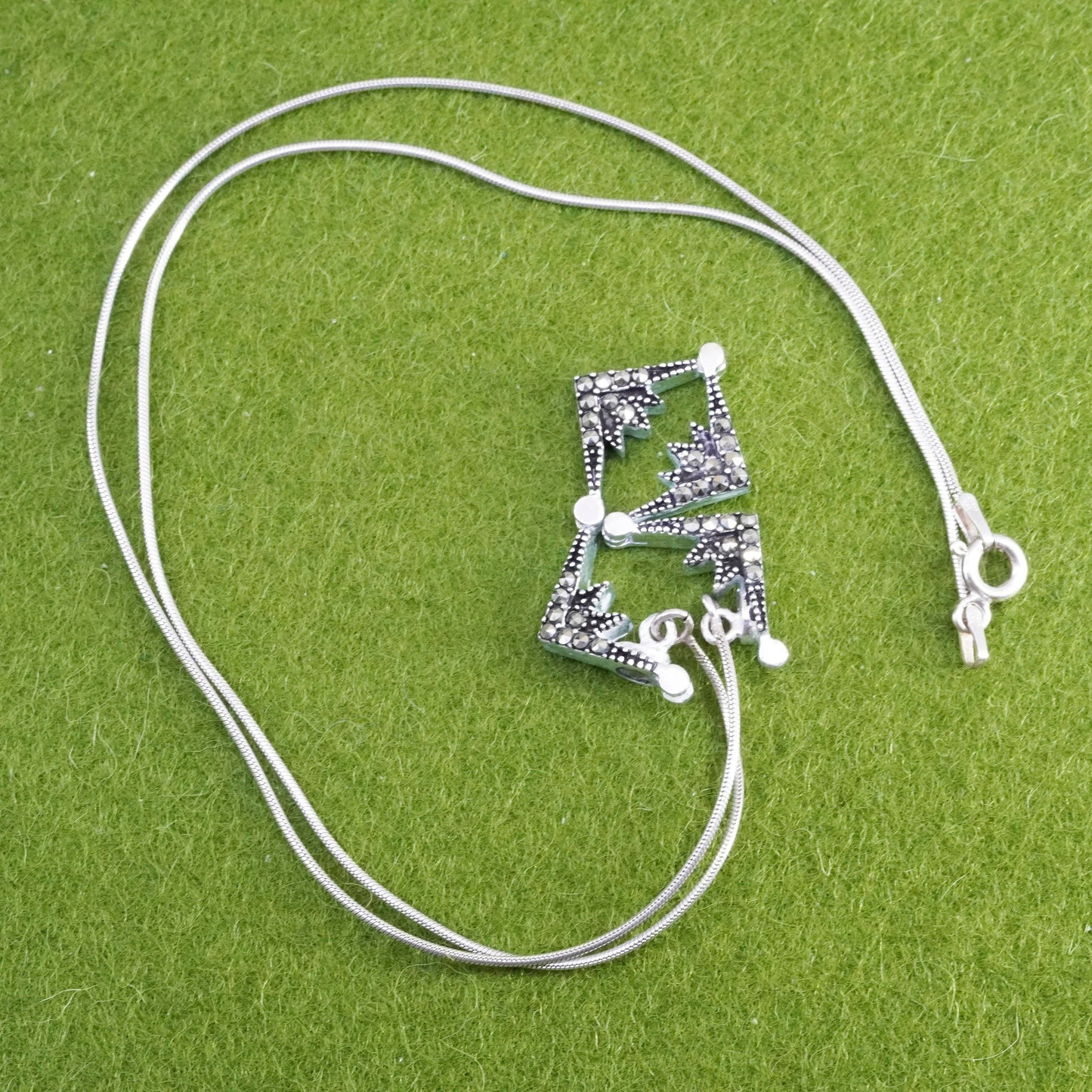 20”, sterling 925 silver necklace, snake chain w/ marcasite triangular pendant