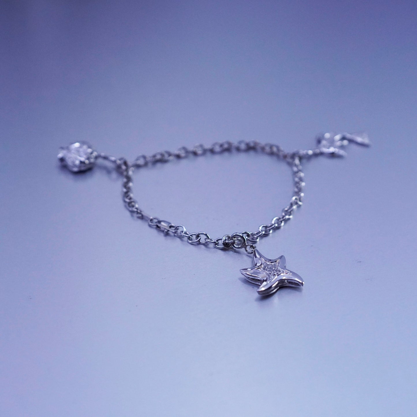 7”, Sterling 925 silver bracelet, circle chain starfish shell dolphin charms