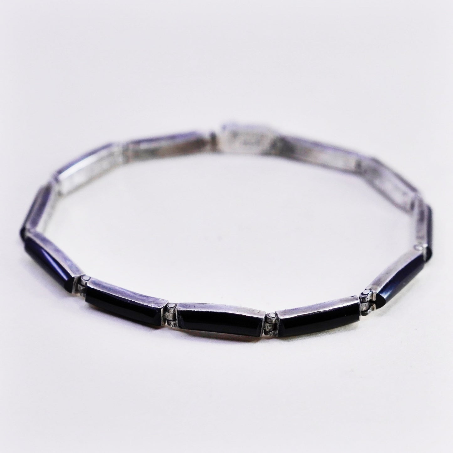6.75”, Vintage mexico escocia Sterling 950 silver handmade bar bracelet onyx