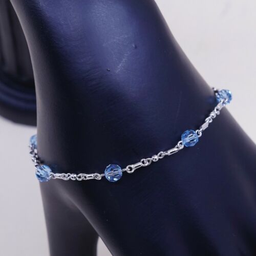 7” Vtg Sterling 925 Silver Handmade Bar Chain bracelet W/ Blue Crystal