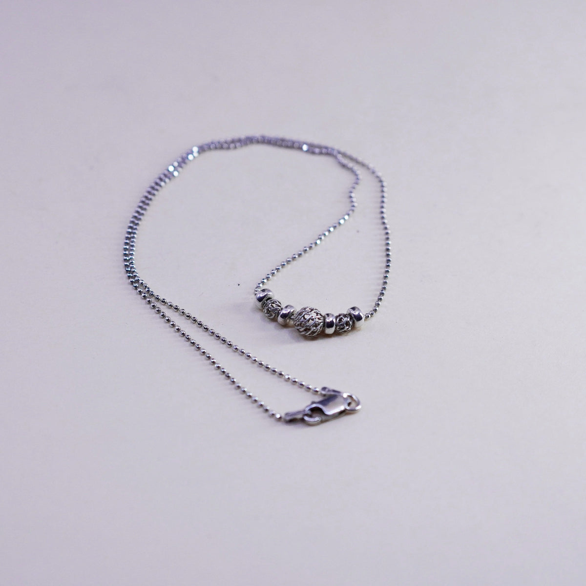 16”, vtg sterling 925 silver handmade bead chain necklace with filigree beads