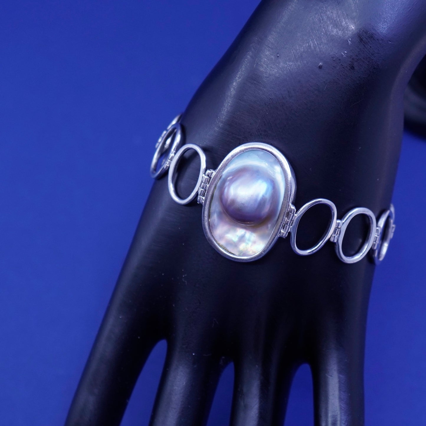 7.25+2”, vintage LUC Sterling silver handmade circle bracelet with blaster pearl