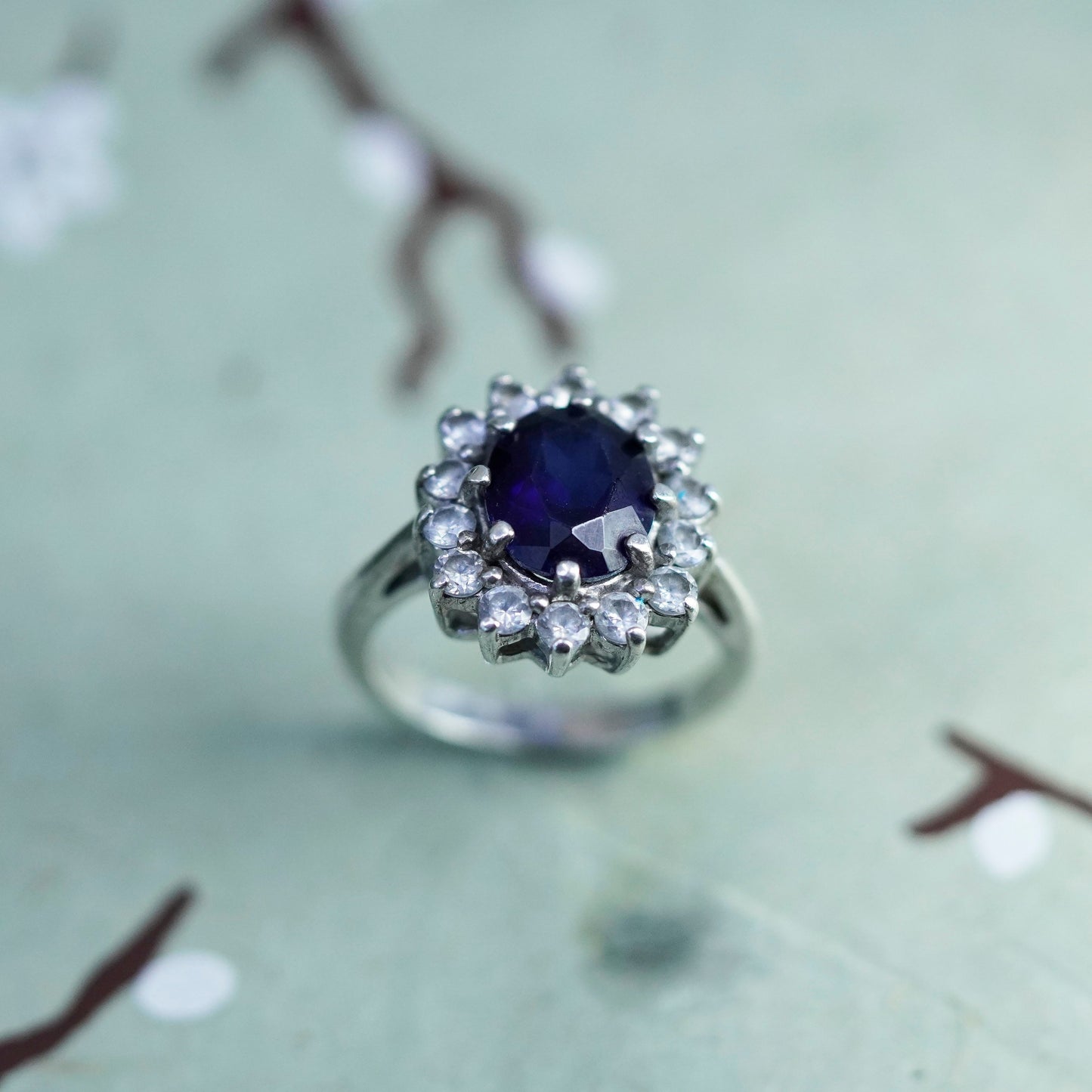 Size 6.25, vintage Sterling silver ring, 925 band with sapphire and cz