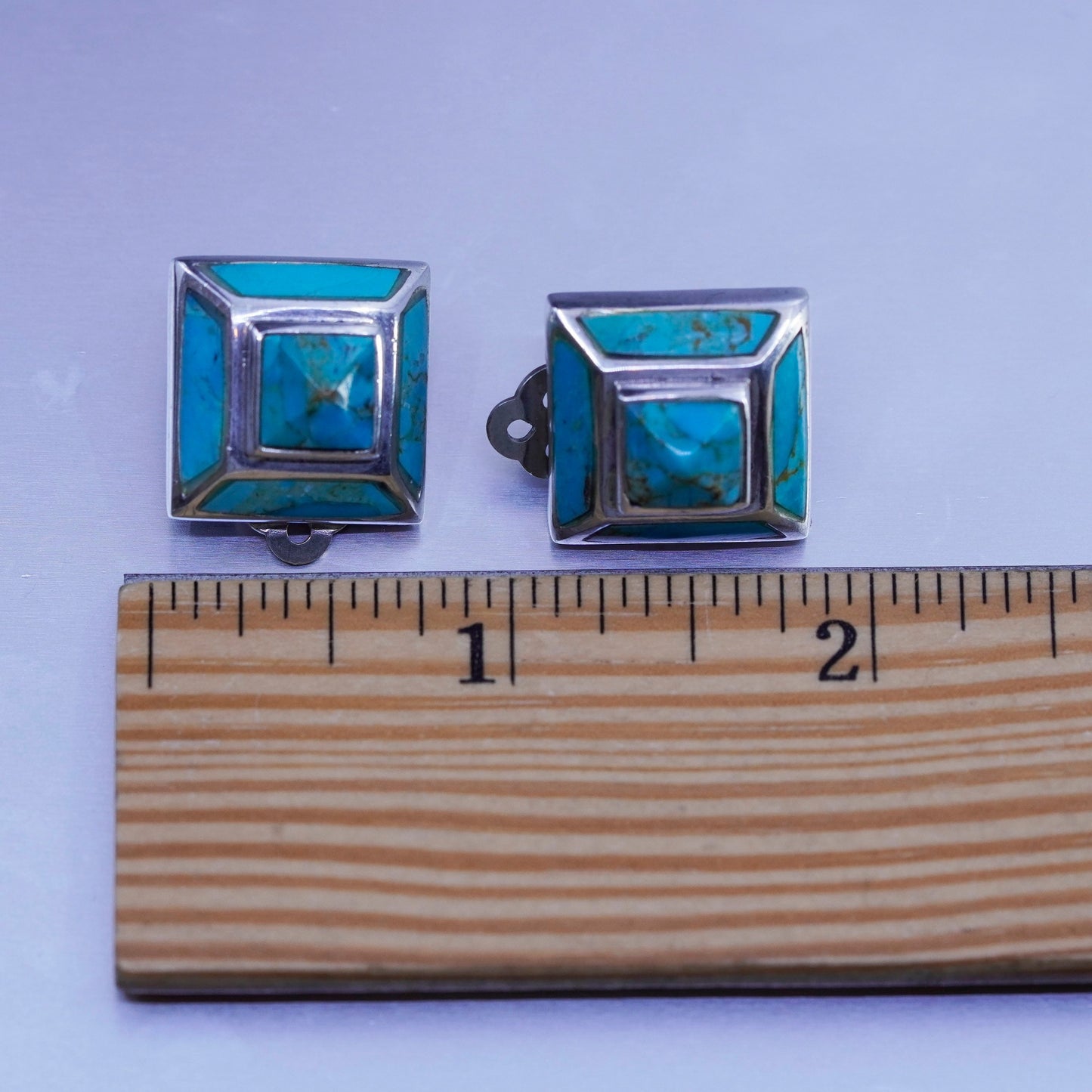 Native American Sterling 925 silver handmade earrings, square clip on turquoise