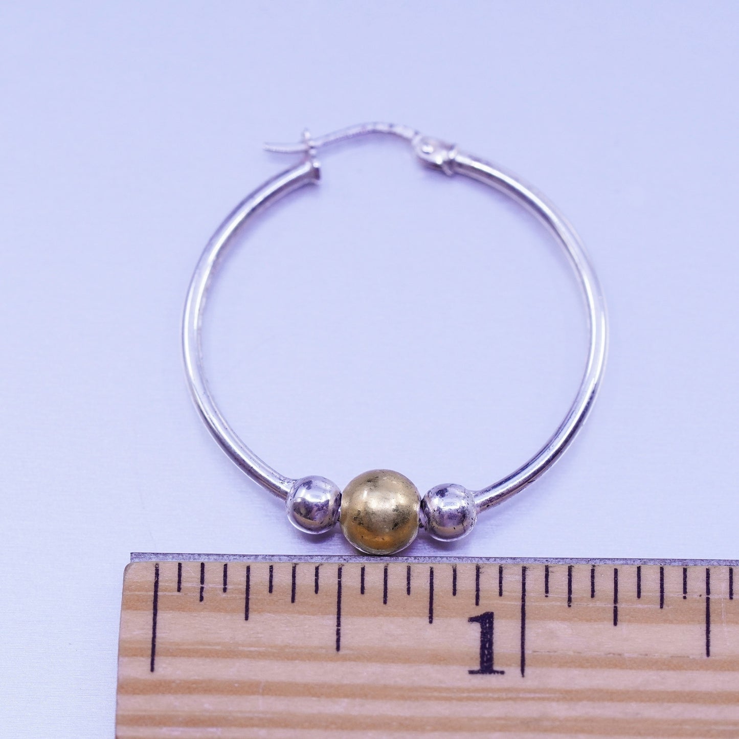 1.25”, VTG Italy two tone Sterling silver handmade earrings, 925 hoops beads