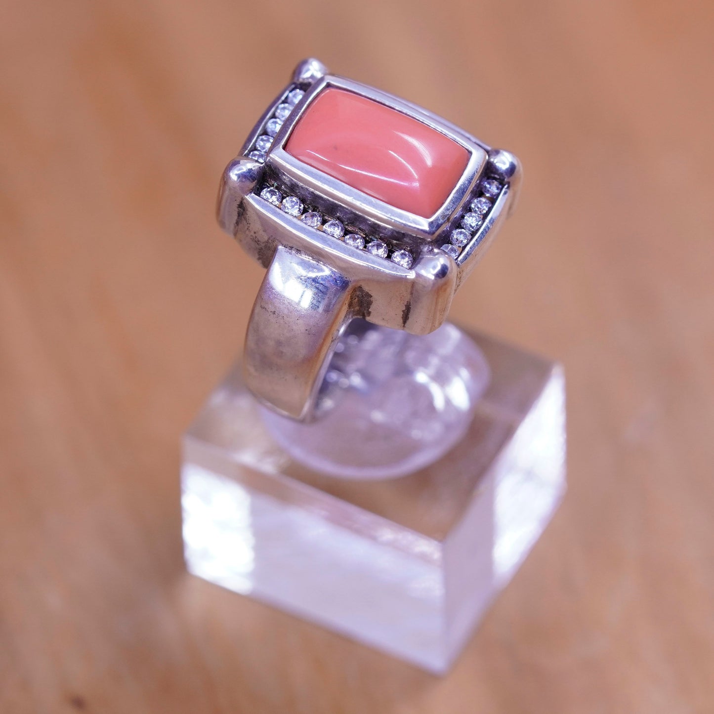 Size 8, antique Sterling silver ring with orange onyx cz, southwestern 925 band