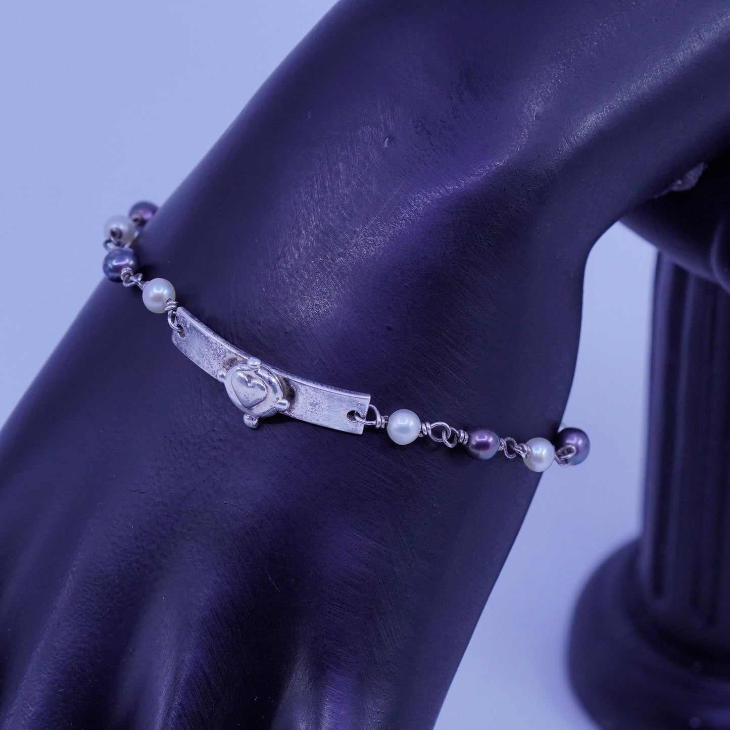 6.75”, vintage Sterling 925 silver handmade bracelet with pearl heart bar charm