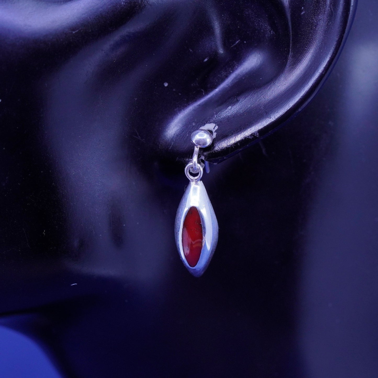 Vintage Sterling silver handmade earrings, 925 marquise drops with red jasper
