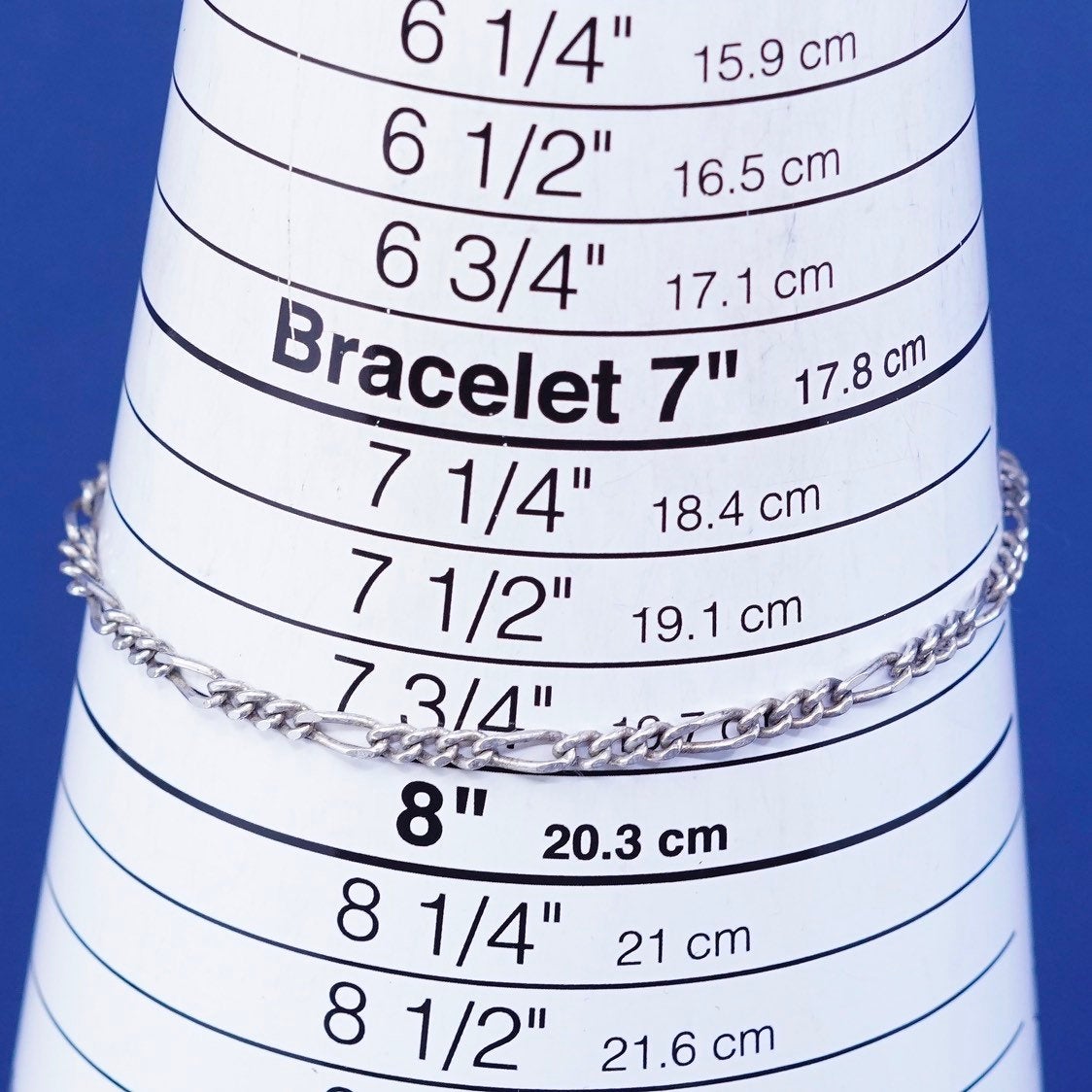 7.75", 3mm, vtg Sterling silver figaro bracelet, solid chain, stamped 925 Italy